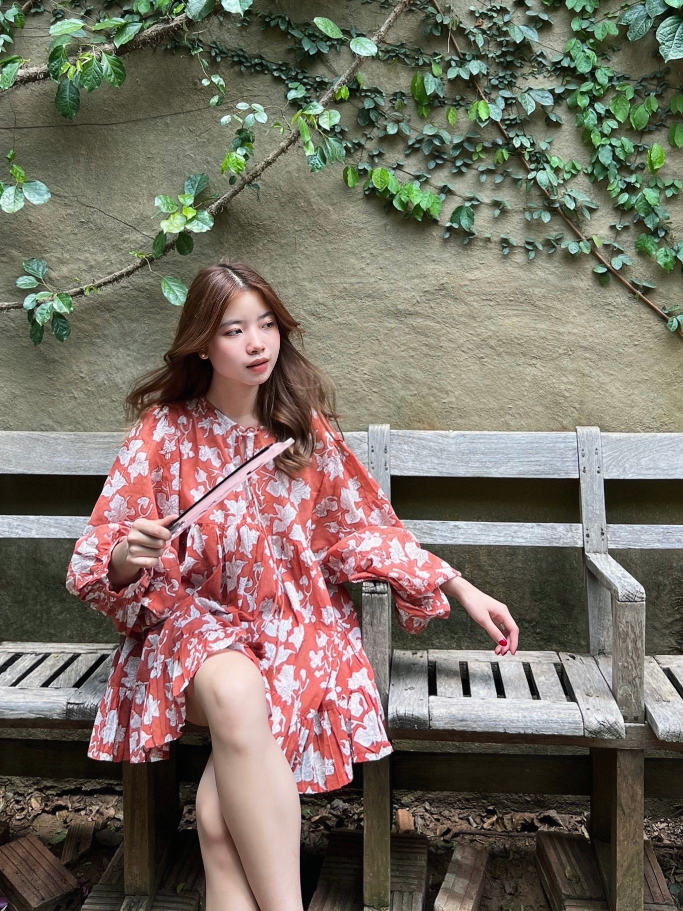 Shop The Coco de Chom Lola - Beach Inspired Dress in Beautiful Blue Sky: A Unique Limited Edition Piece. Handcrafted Design with Wooden Blocks on Fine Cotton Voile, Featuring a Dreamy Block Printed Pattern Inspired by Bougainvillea Flowers and Vacations. Ideal for Beach Days, Vacations, and Boho Vibes.