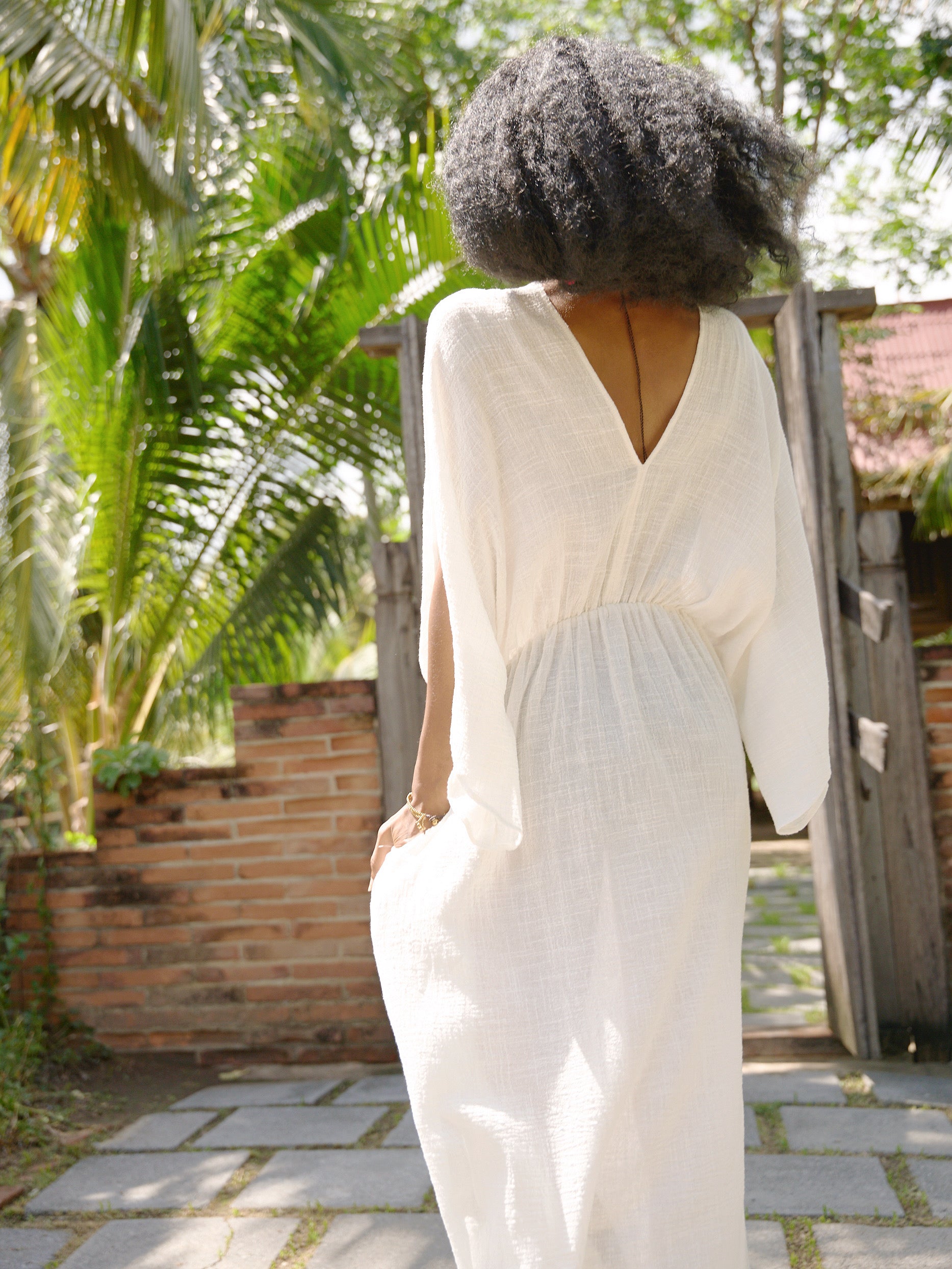 White Cotton Linen Goddess Kaftan Dress, Deep V Neck Kaftan Dress - Beach Coverup- Bohemian Long Kaftan | Coco De Chom