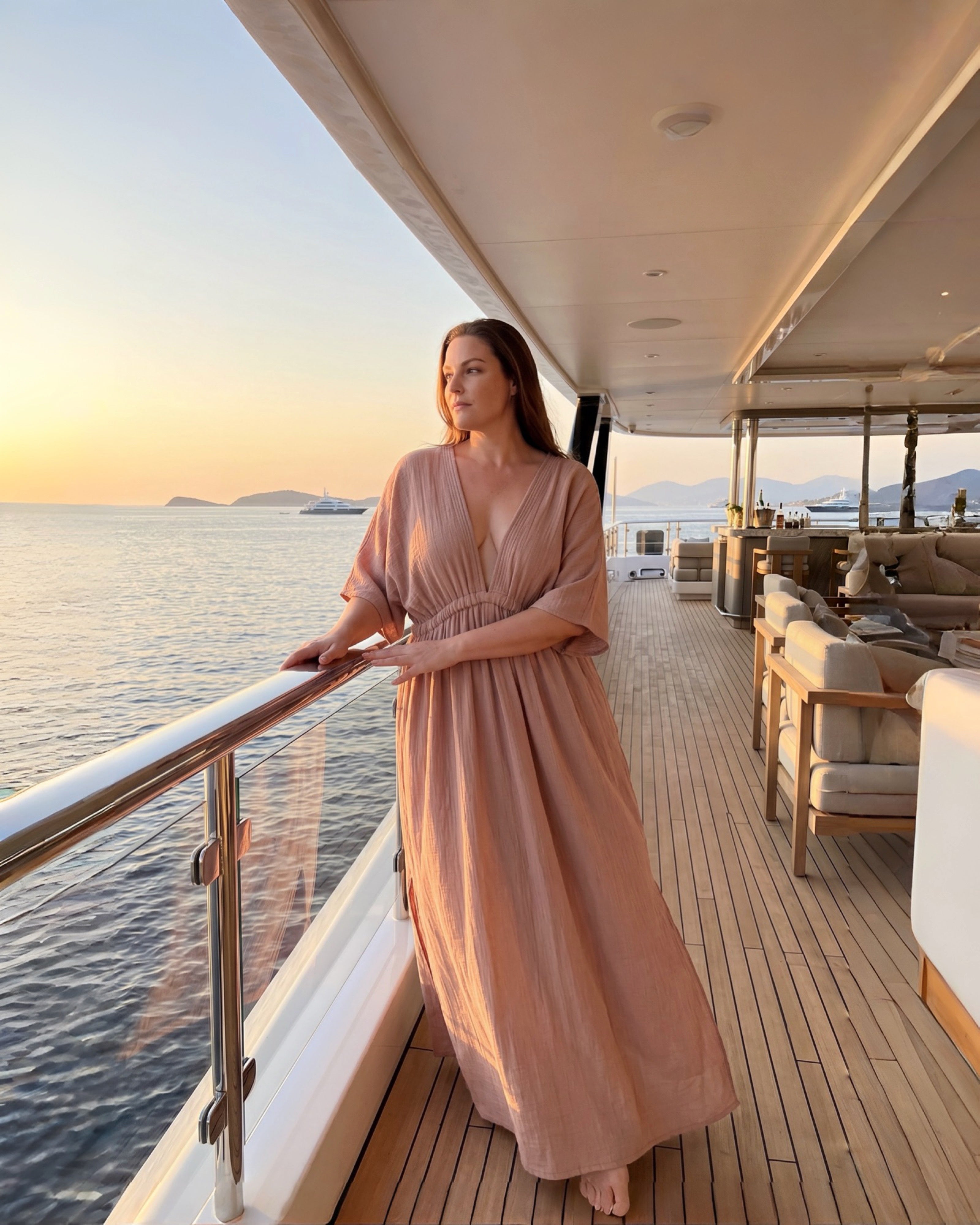 Long kaftan maxi dress worn by the resort style, oversized beach cover up and plus size friendly resort maxi dress with deep V neckline, side slit, and flowy silhouette