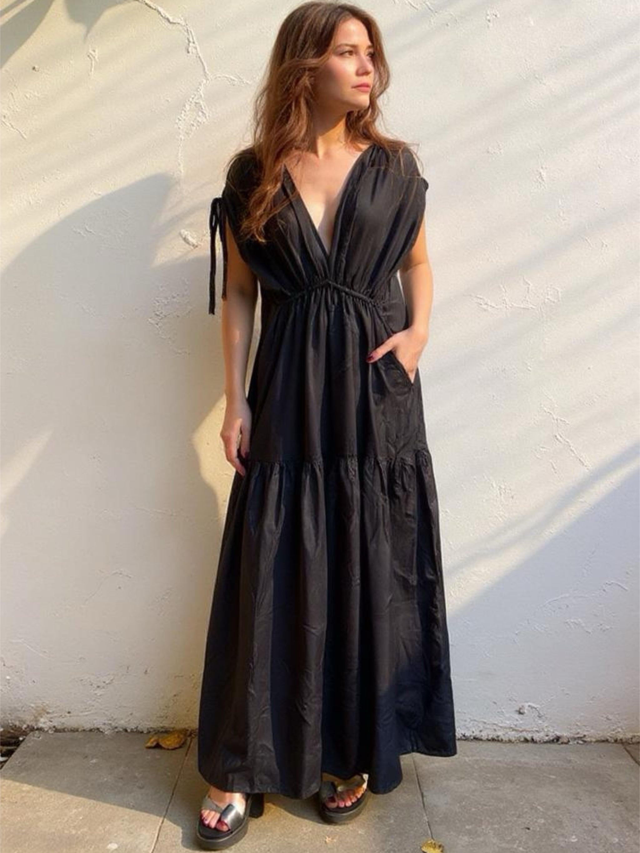 Model wearing our handmade Black Goddess Kaftan Dress with pockets. Giving a breezy, boho vibes—perfect for resort wear, beach days, vacations,