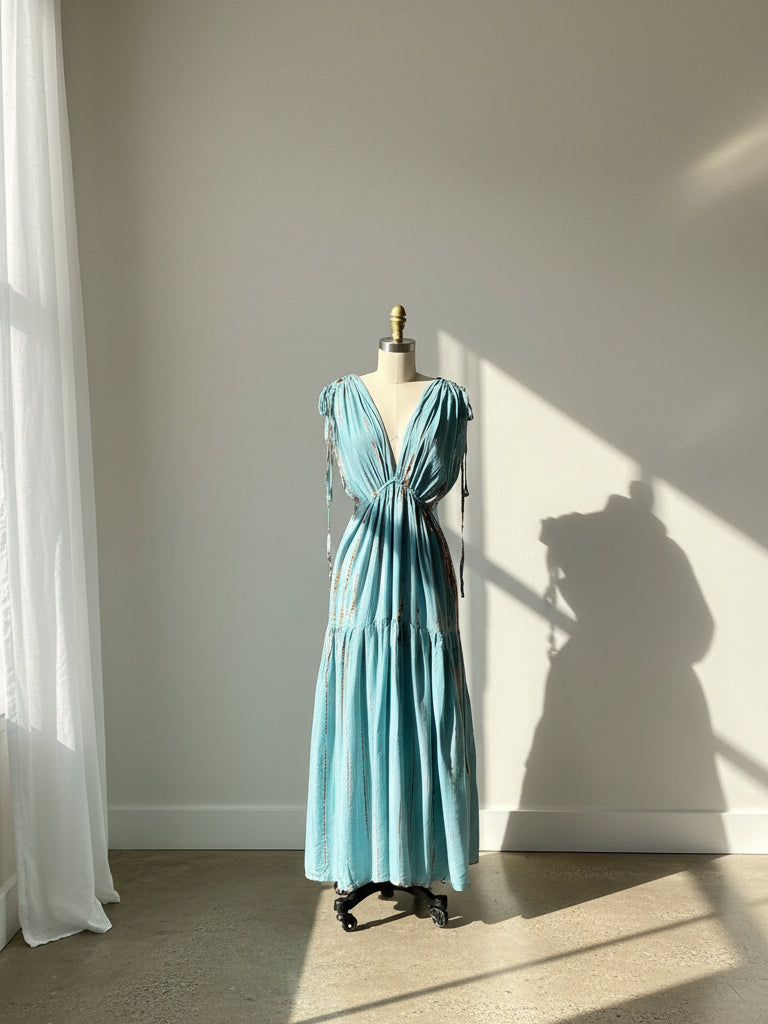 This is showing the handmade Athena Goddess Kaftan Dress in teal—flowy tie-dye maxi dress with pockets, deep V-neckline, perfect for summer, resort wear, or festivals.