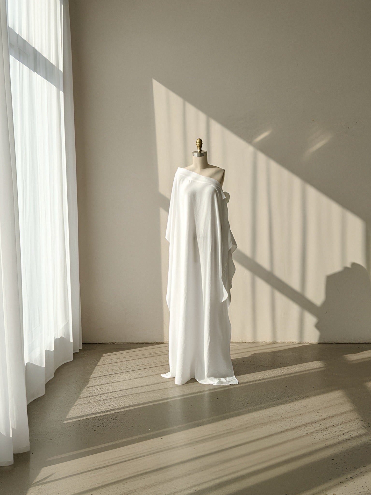 Helena Off-Shoulder White Kaftan Dress — off-shoulder kaftan in whire with tie detail, shown flowing at full length.
