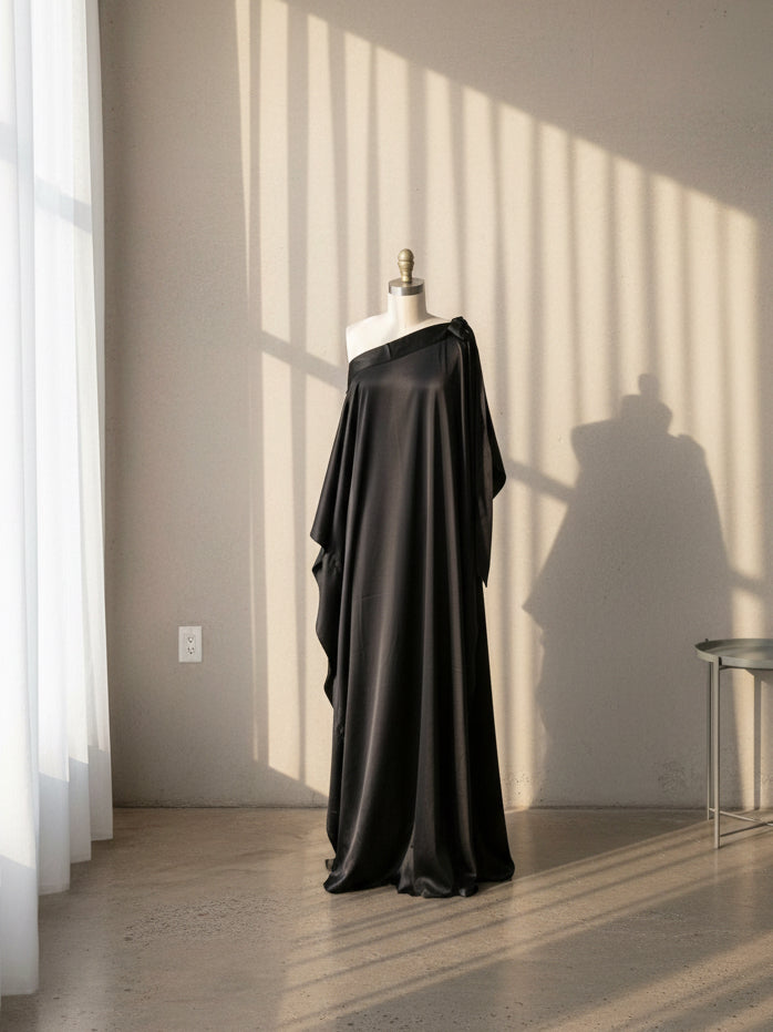 A minimalist black kaftan in a mannequin against a wall with sunlight casting shadows