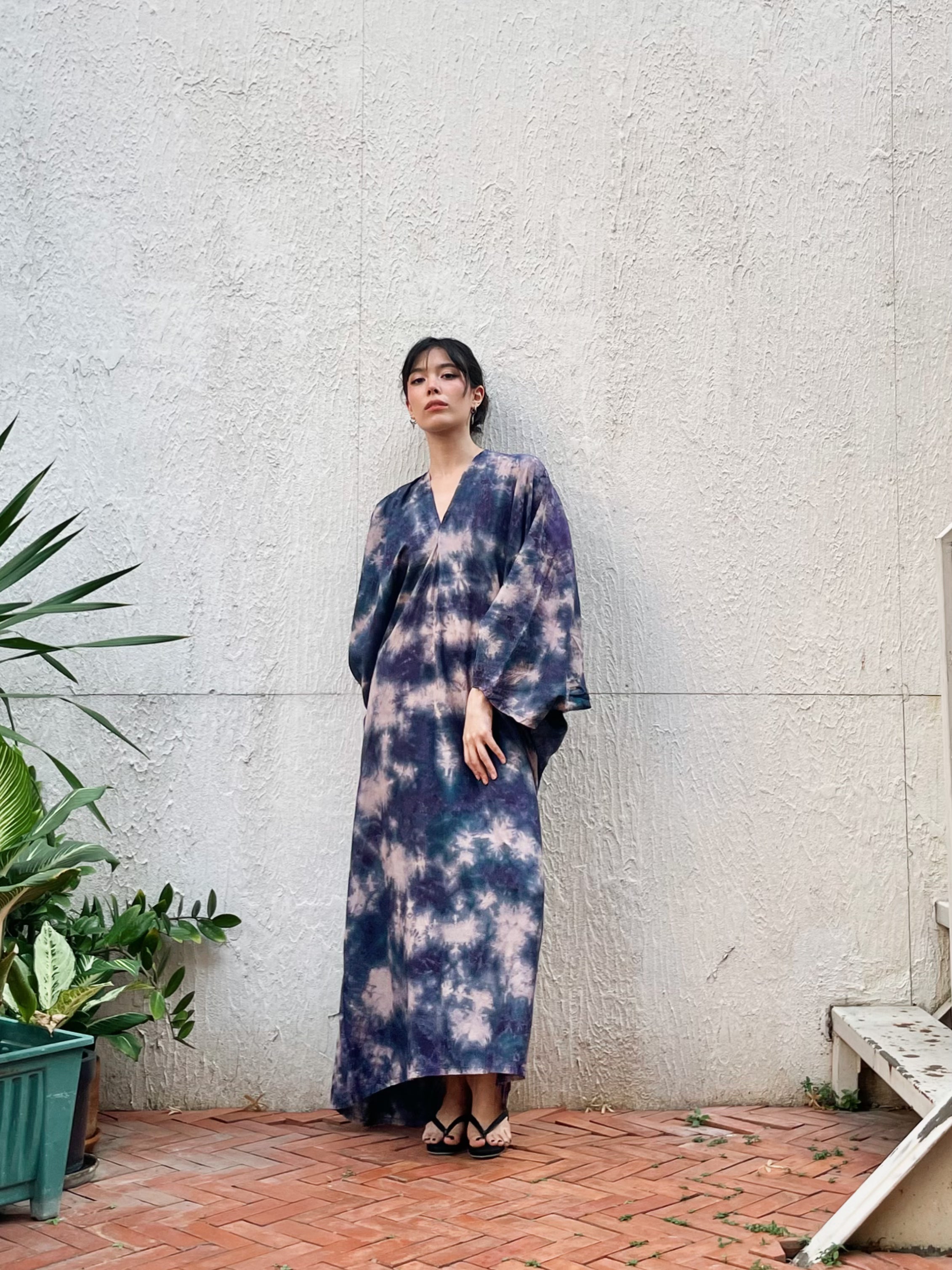 Shop Tie Dye Long Sleeve Kaftan Maxi Dress: Goddess Kaftan Boho Dress in indigo Tie dye- Turn up the resort-beach vibe and protect yourself from the sun with our Long-Sleeve Goddess Kaftan