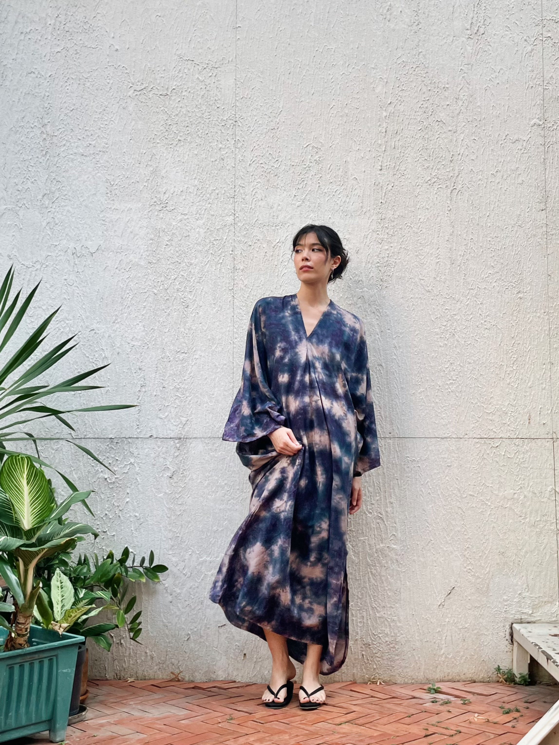 Shop Tie Dye Long Sleeve Kaftan Maxi Dress: Goddess Kaftan Boho Dress in indigo Tie dye- Turn up the resort-beach vibe and protect yourself from the sun with our Long-Sleeve Goddess Kaftan
