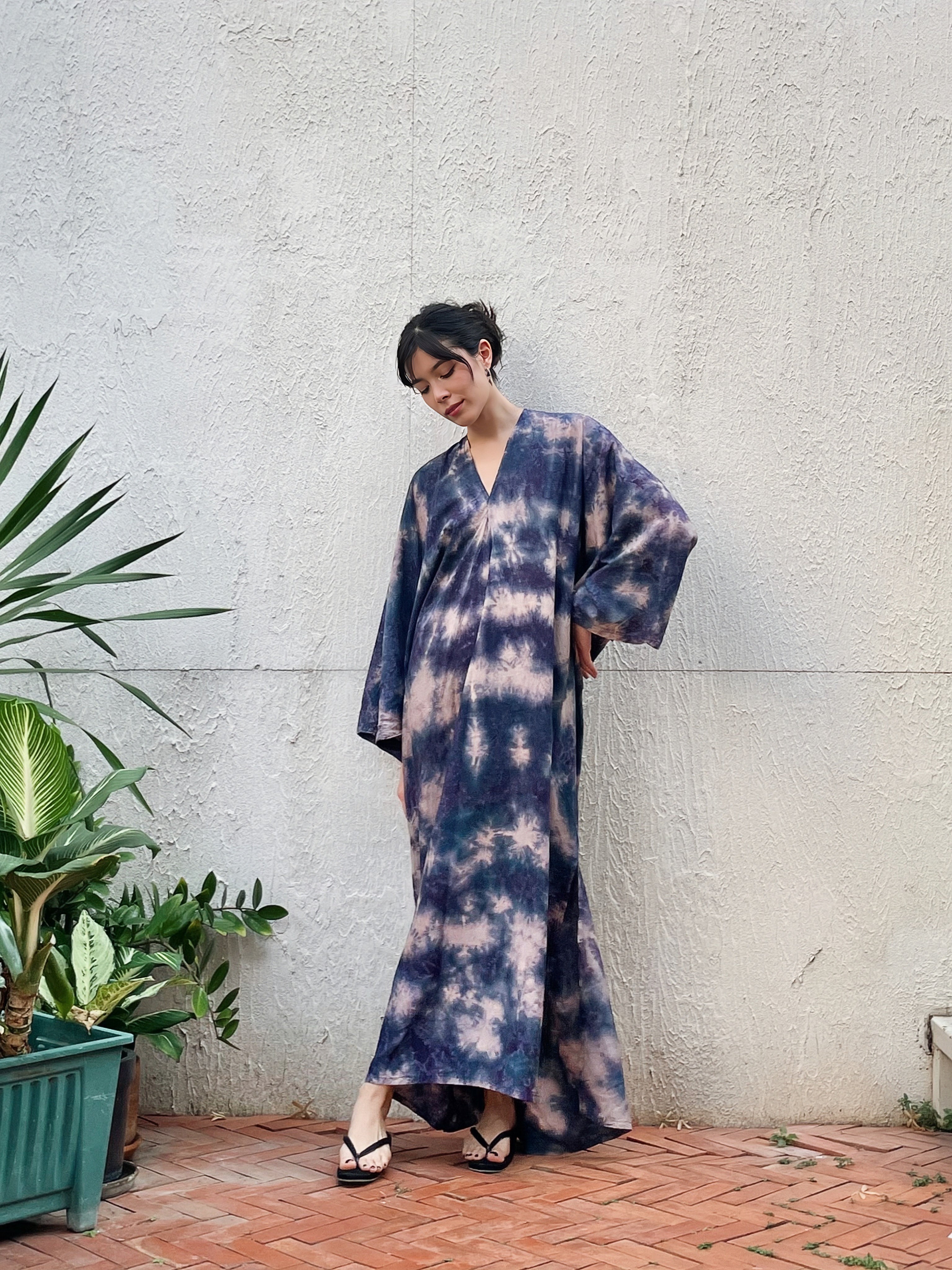 Shop Tie Dye Long Sleeve Kaftan Maxi Dress: Goddess Kaftan Boho Dress in indigo Tie dye- Turn up the resort-beach vibe and protect yourself from the sun with our Long-Sleeve Goddess Kaftan