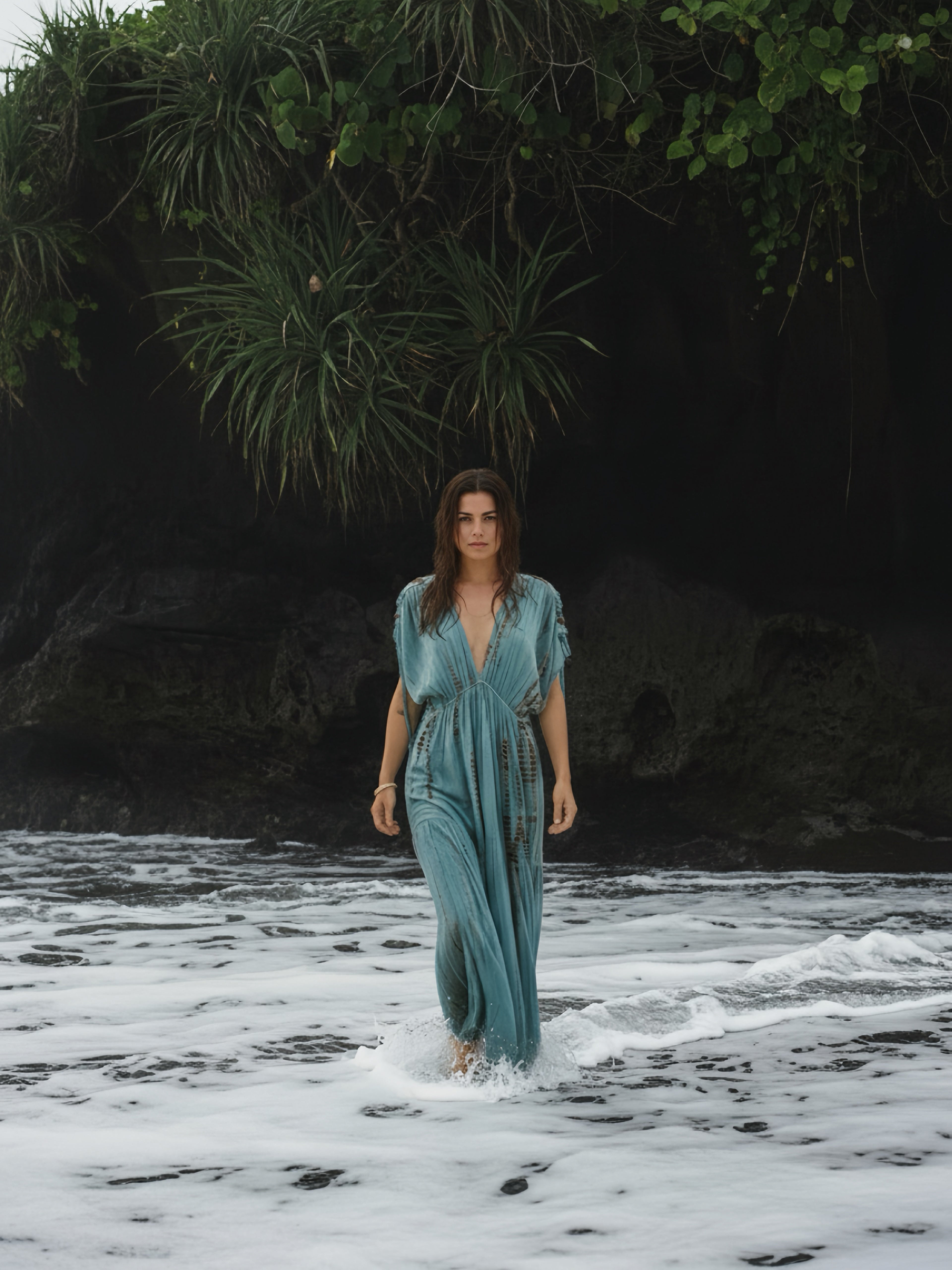 Woman wearing the handmade Athena Goddess Kaftan Dress in teal—flowy tie-dye maxi dress with pockets, deep V-neckline, perfect for summer, resort wear, or festivals.
