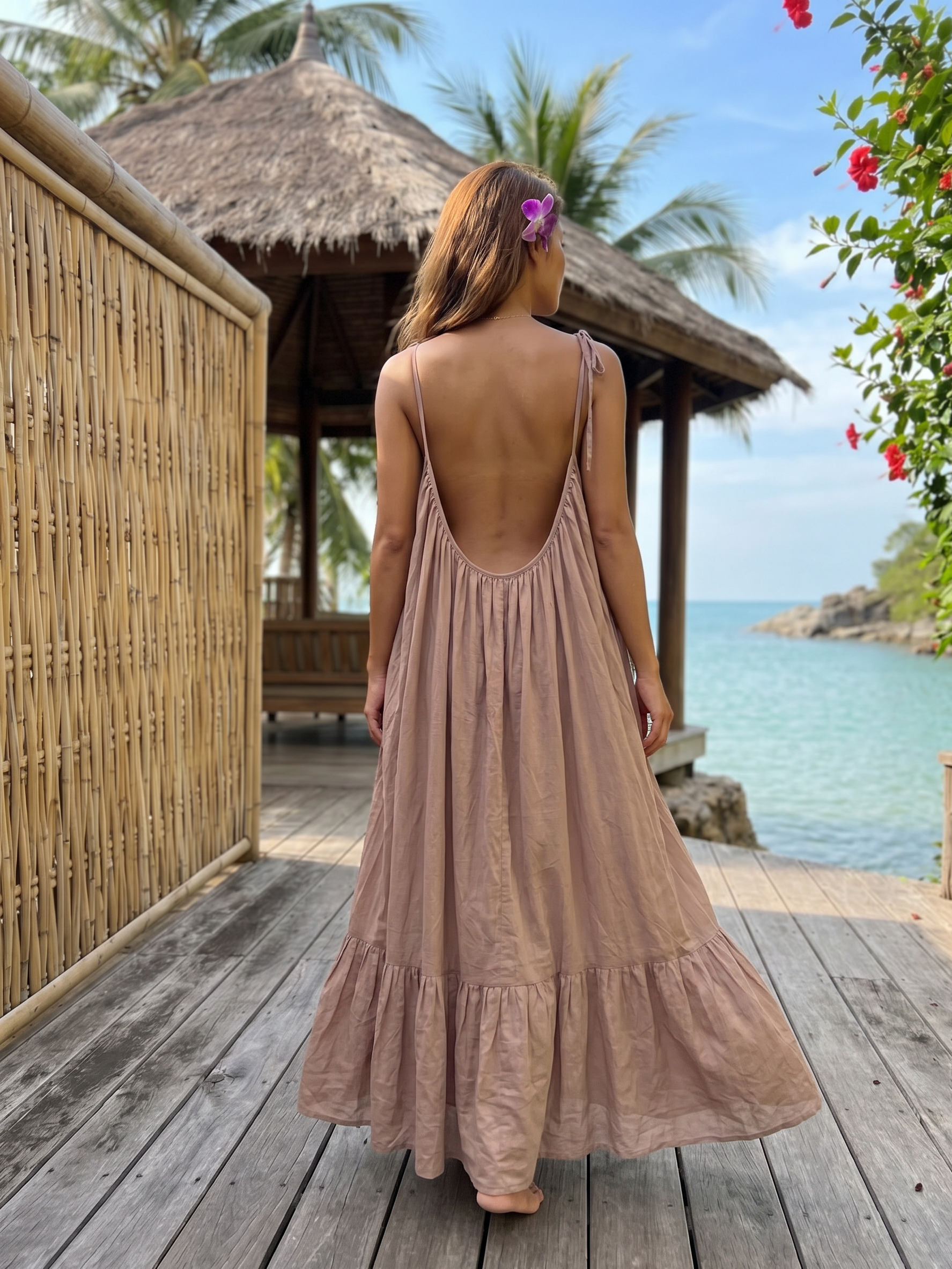 Mali open back maxi dress in soft nude, handmade backless resort dress with tie shoulders, flowy ruffle hem, and beach vacation style