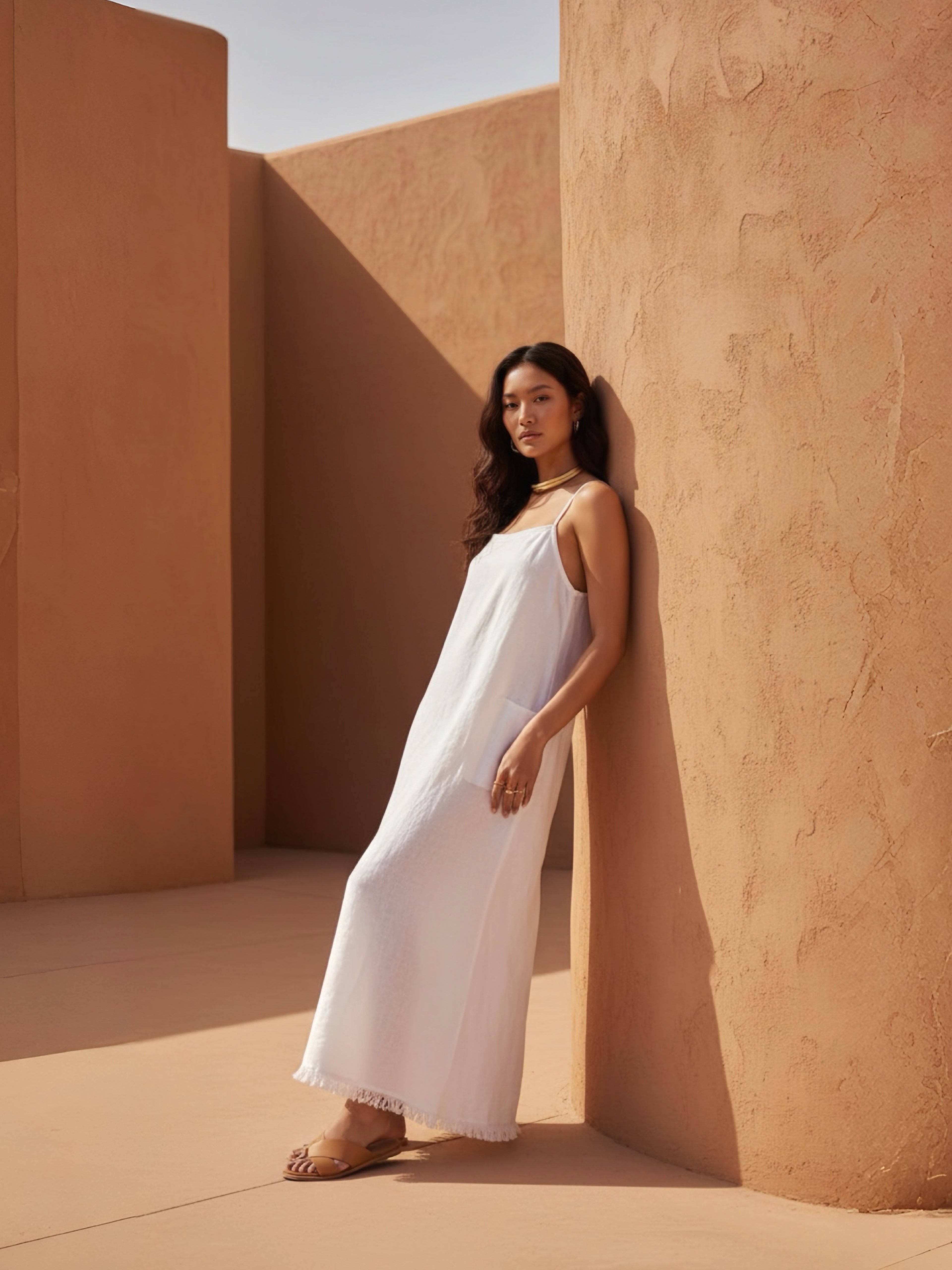 Model wearing white linen slip dress against the wall – minimalist summer look with natural linen fabric- perfect