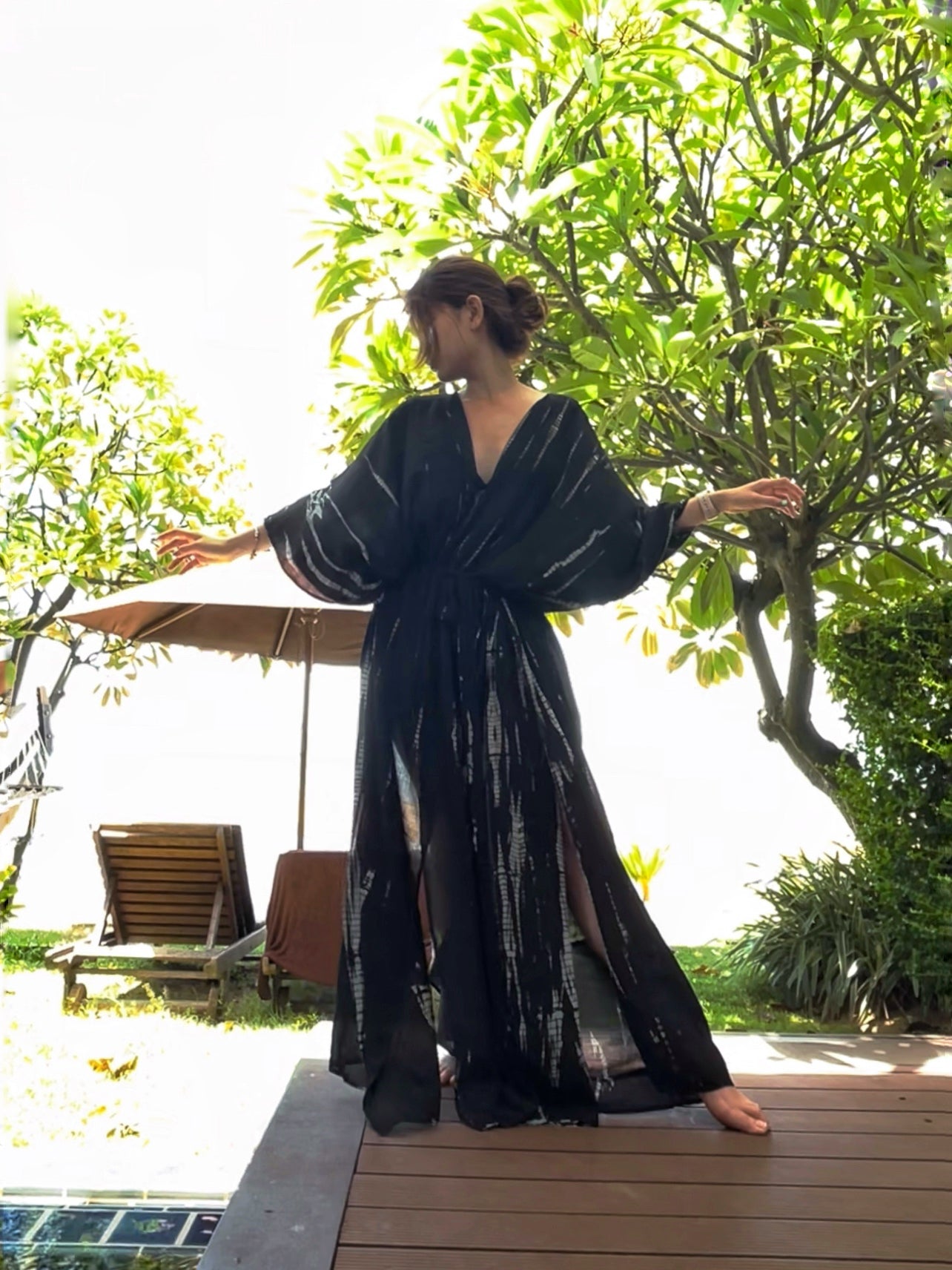 Maya Tie Dye Kaftan Kimono (Plus size) - Black/Blue