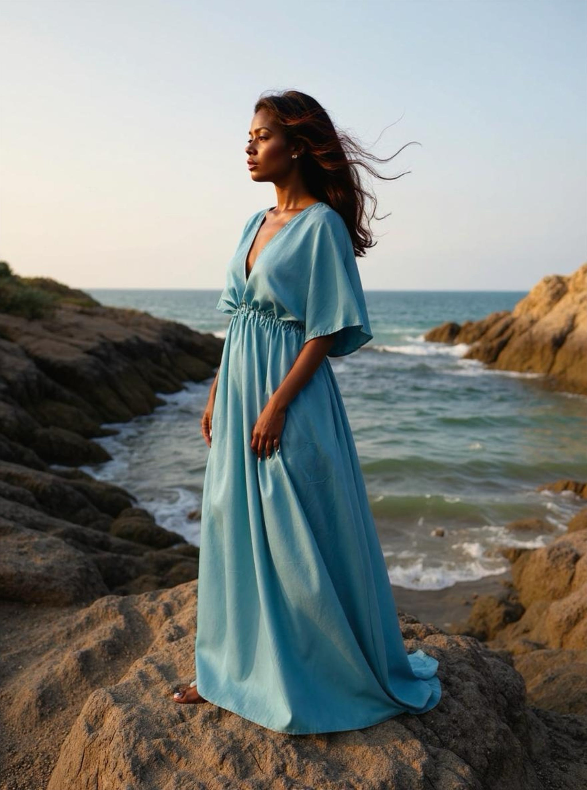 Woman wearing teal tie dye goddess kaftan maxi dress with sunglasses and straw hat on a tropical beach