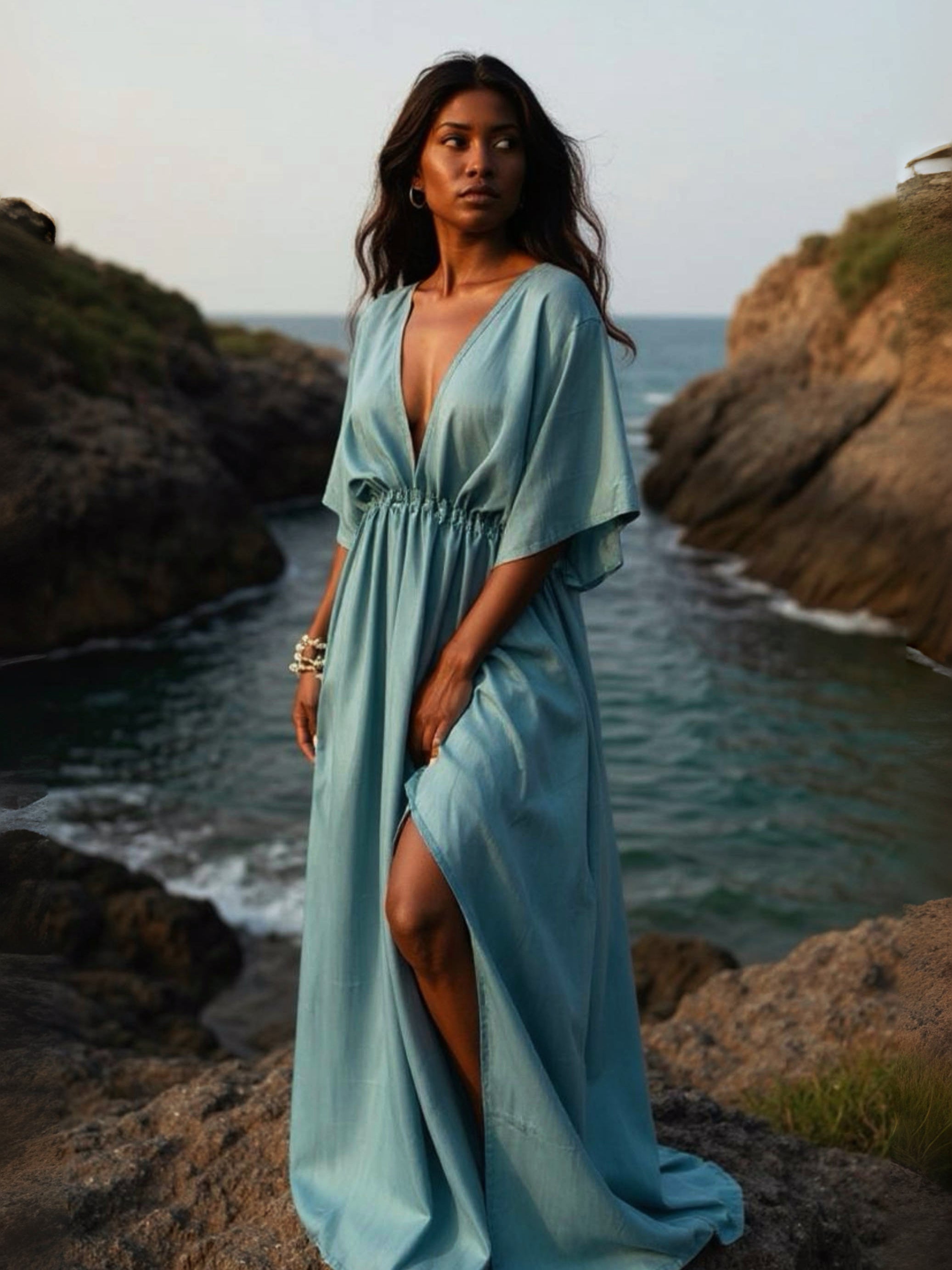 Woman wearing teal tie dye goddess kaftan maxi dress with sunglasses and straw hat on a tropical beach