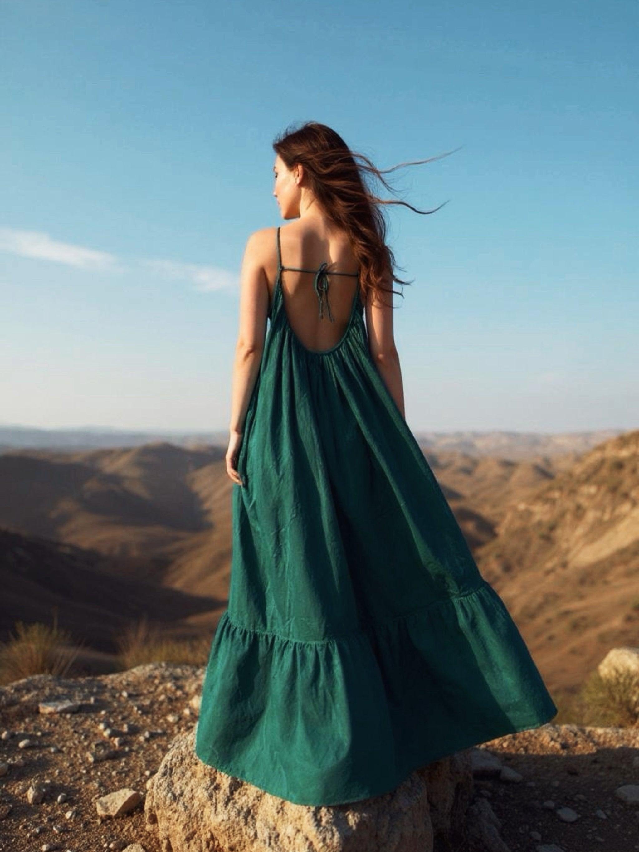 Model wearing the Green Backless Maxi Dress, oversized dress, dark green dress, perfect for beach dress or resort dress- slow fashion $ handmade clothing by Coco de Chom