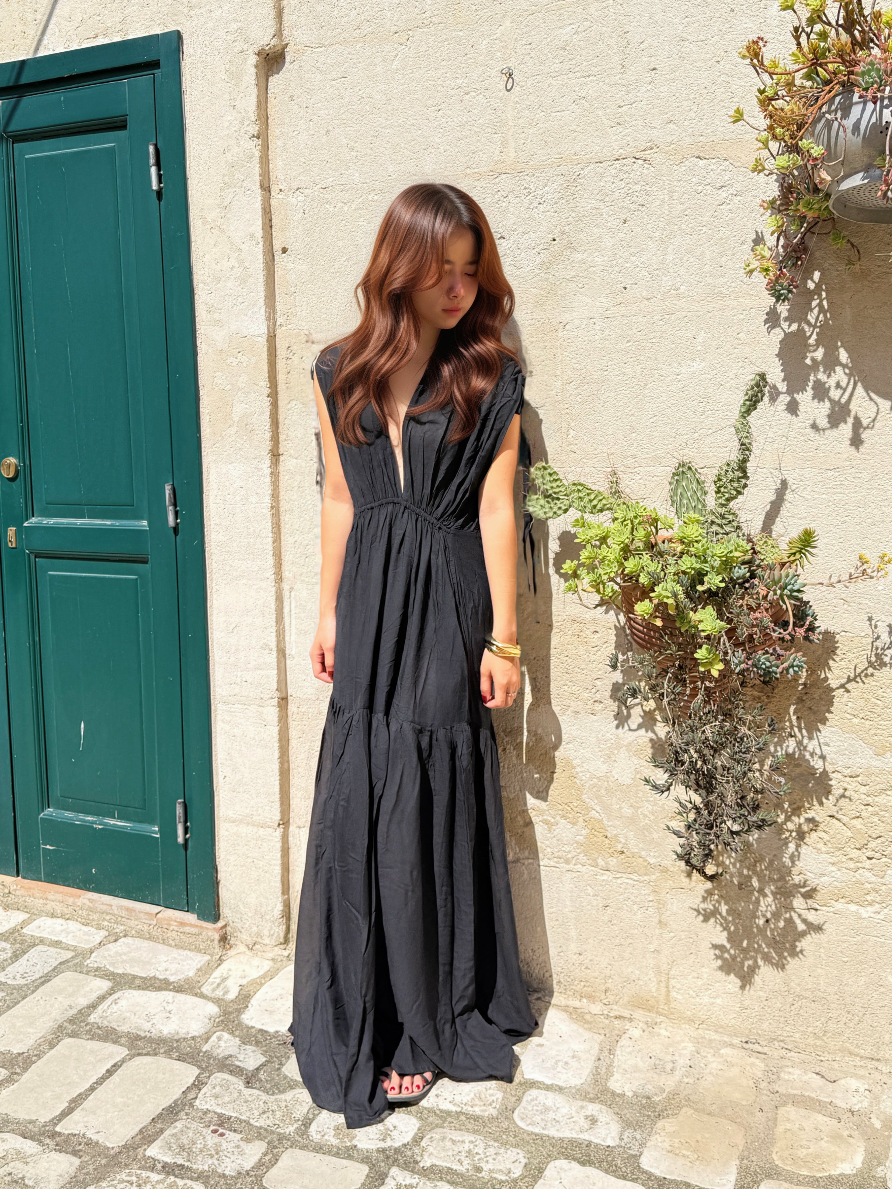 Model wearing our handmade Black Goddess Kaftan Dress with pockets. Giving a breezy, boho vibes—perfect for resort wear, beach days, vacations,