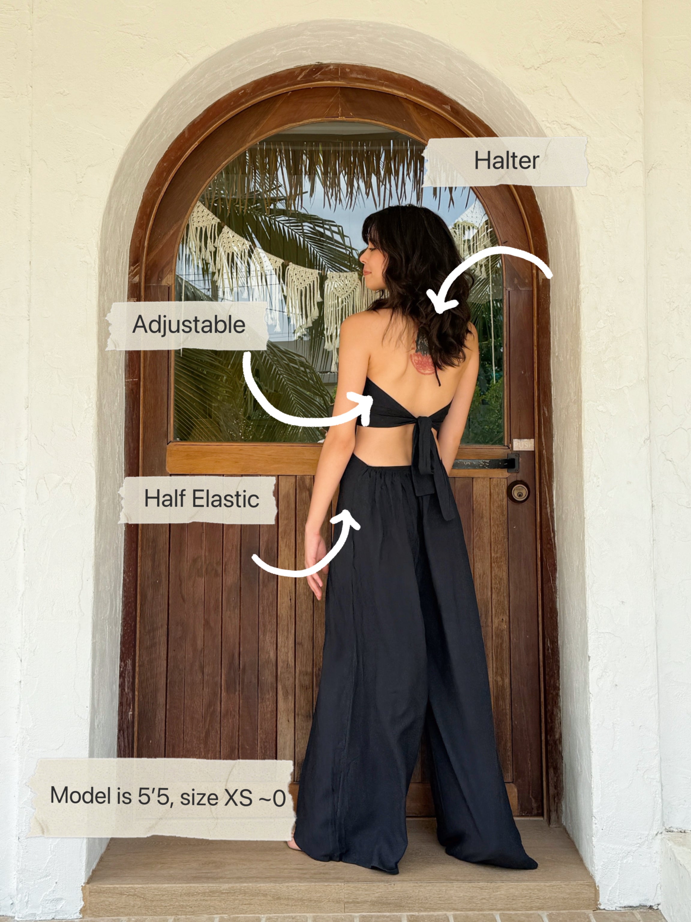 Close-up of waist cut-out detail and elastic band—hand-dyed summer jumpsuit with flowy silhouette.
