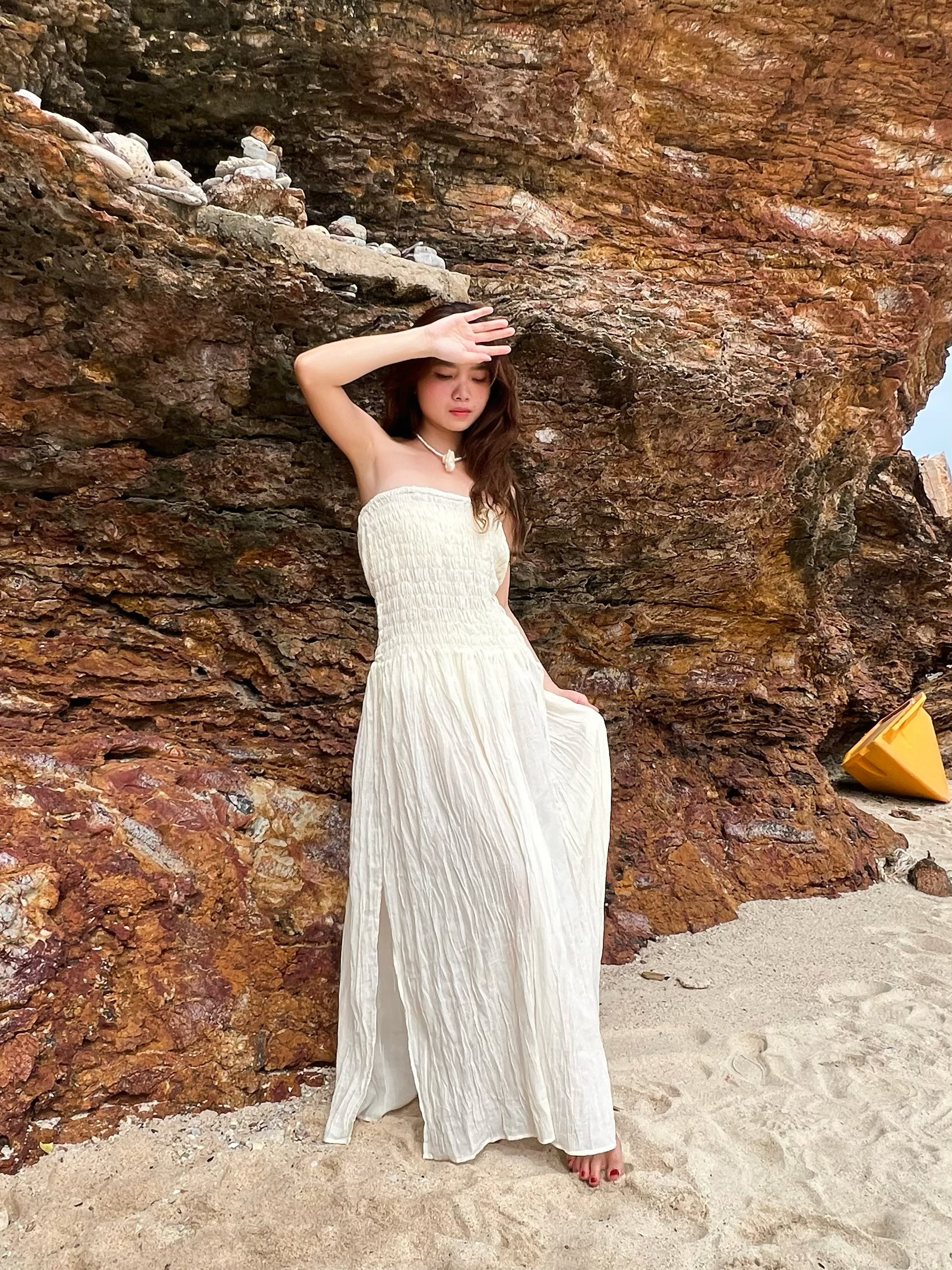 Sundance Cotton Smocked Maxi Dress | Off white Organic Cotton Dress - Bohemian Cotton Dress | Coco De Chom