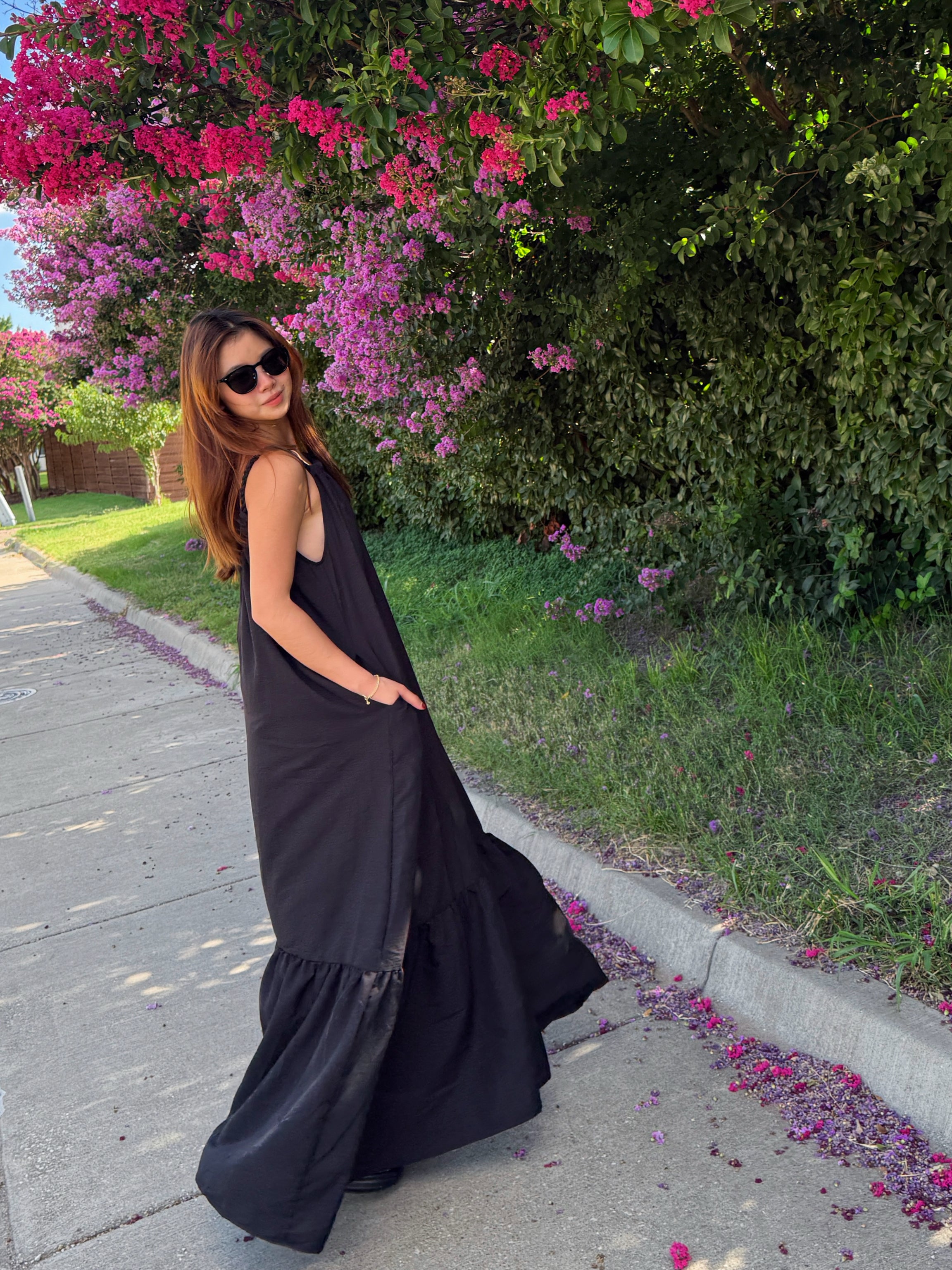 Side view of Olivia Maxi Dress open back detail — lightweight boho resort dress.