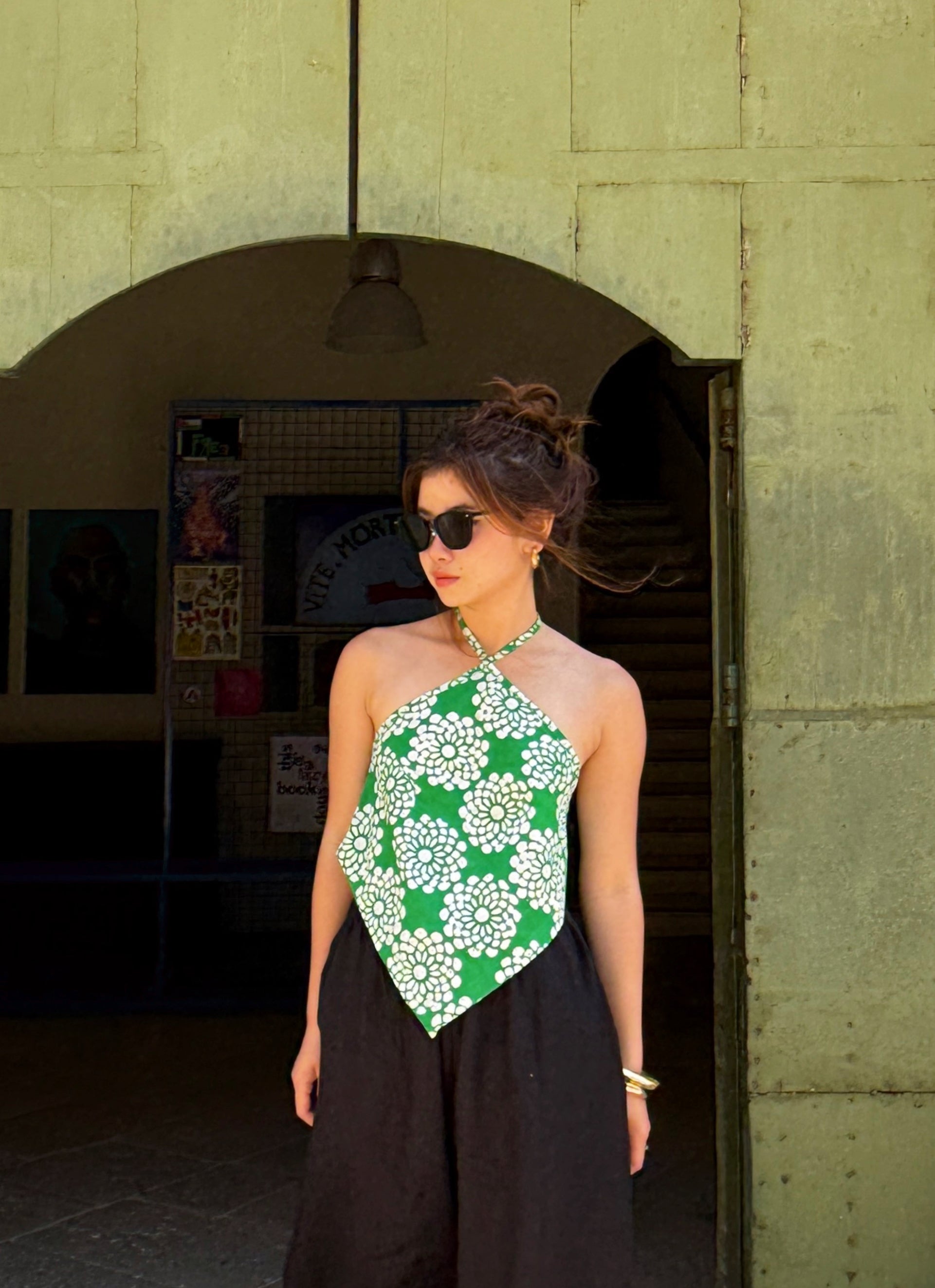 Green batik handkerchief halter top styled with boho pants – resortwear gift for her.