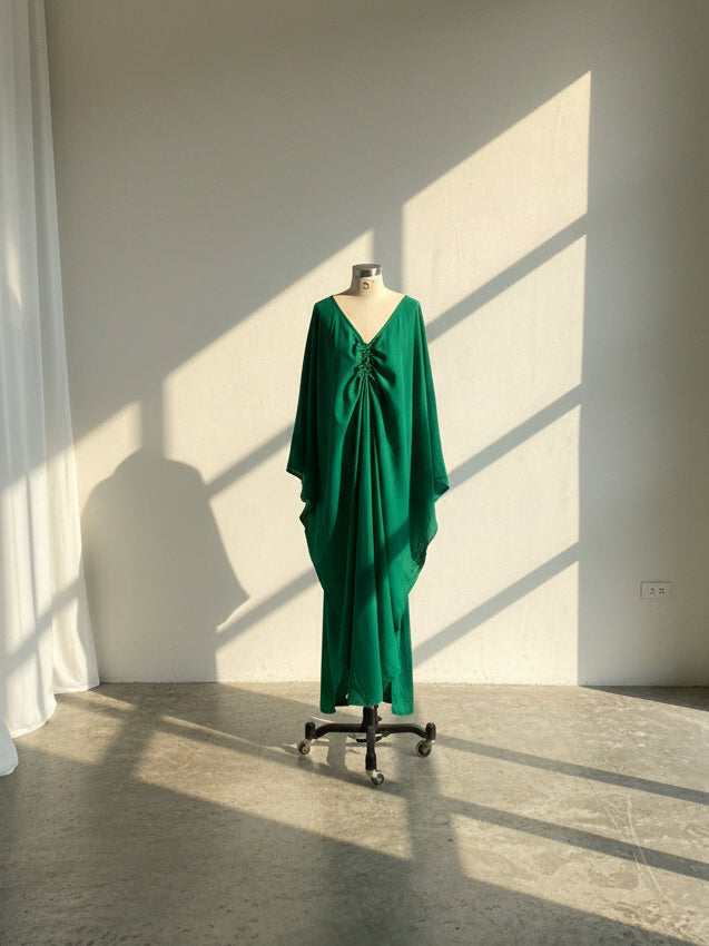Front view of emerald green open back kaftan maxi dress, oversized plus size beach cover up maxi for resort wear and cruise vacation dress styling