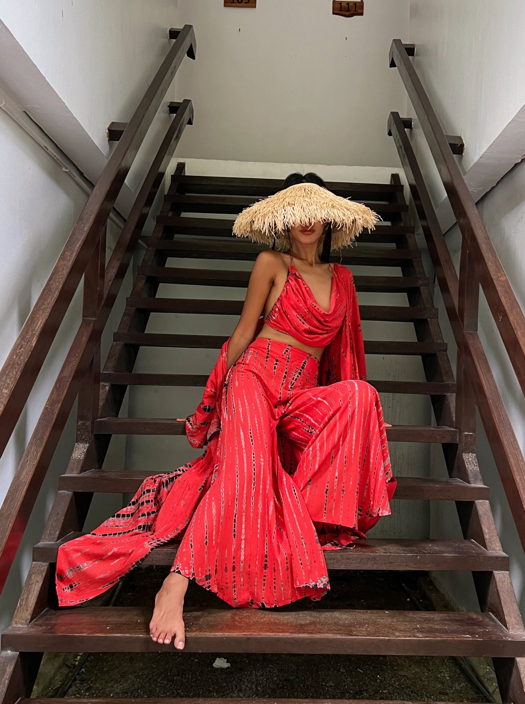 Shop red tie dye long kimono robe | boho oversized kimono robee| red beach coverup perfect for boho outfits, summer beach coverup - all sustainable and lovingly handmade by Coco de Chom