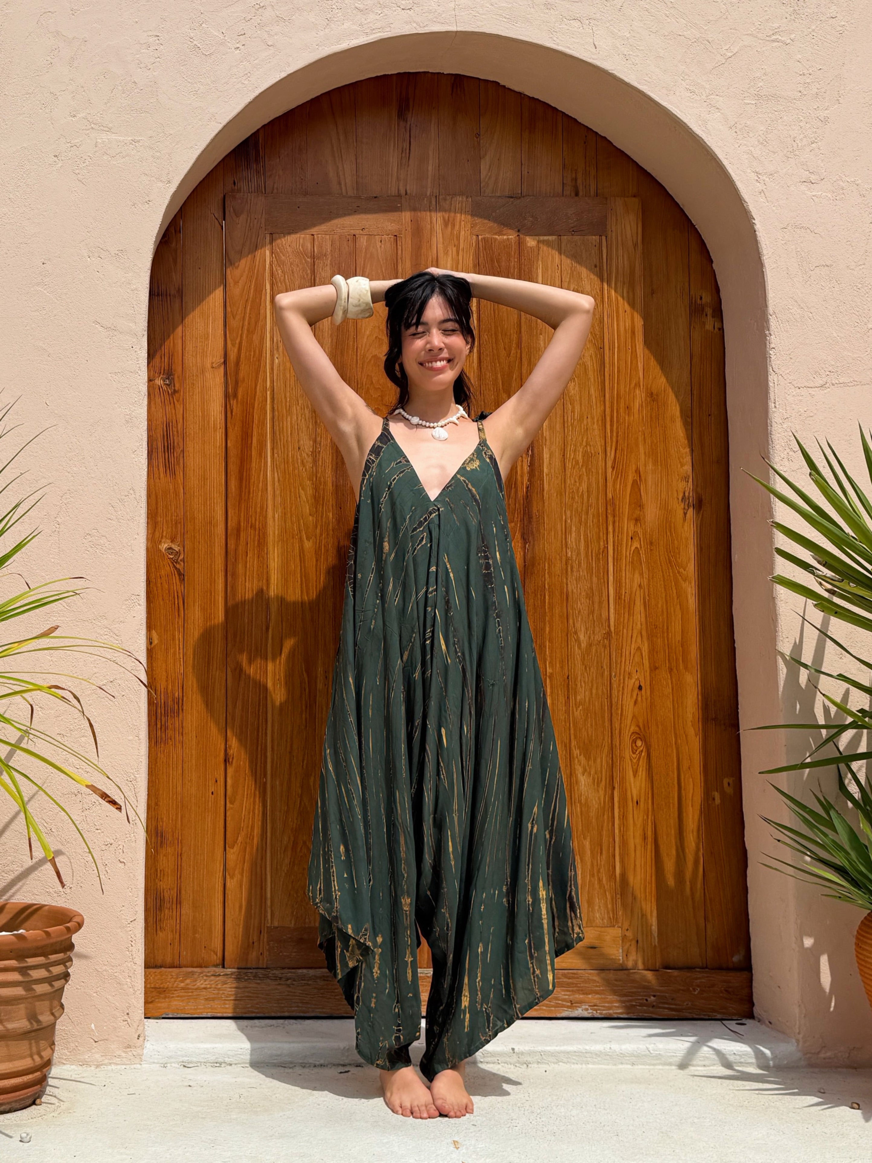 Thara Tie Dye Jumpsuit in Green – Boho Yoga Jumpsuit with V-Neckline, Loose Fit, Oversized Style, Lightweight Cotton One-Piece for Festival, Lounge, and Resort Wear