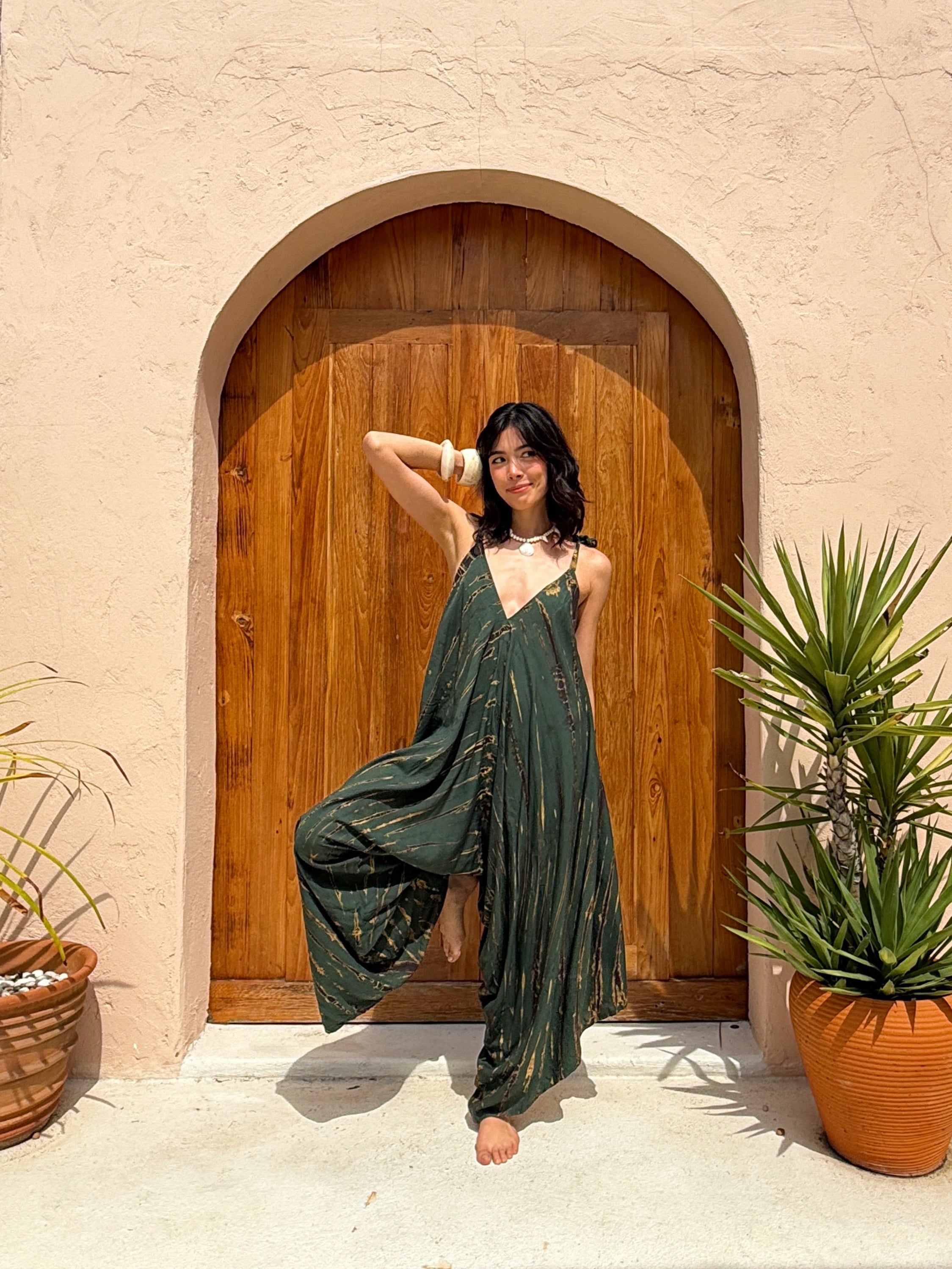 Thara Tie Dye Jumpsuit in Green – Boho Yoga Jumpsuit with V-Neckline, Loose Fit, Oversized Style, Lightweight Cotton One-Piece for Festival, Lounge, and Resort Wear