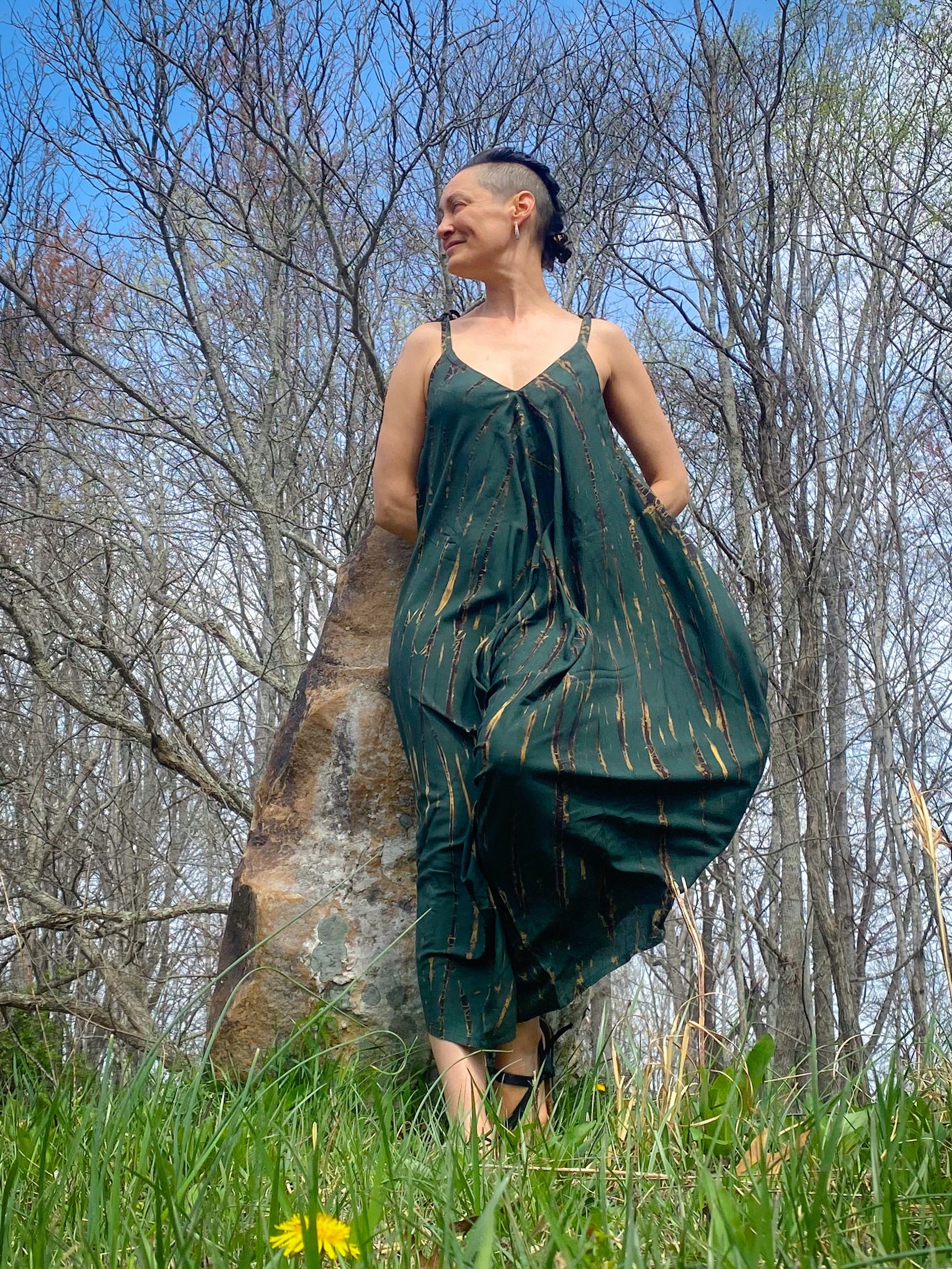 Thara Tie Dye Jumpsuit in Green – Boho Yoga Jumpsuit with V-Neckline, Loose Fit, Oversized Style, Lightweight Cotton One-Piece for Festival, Lounge, and Resort Wear