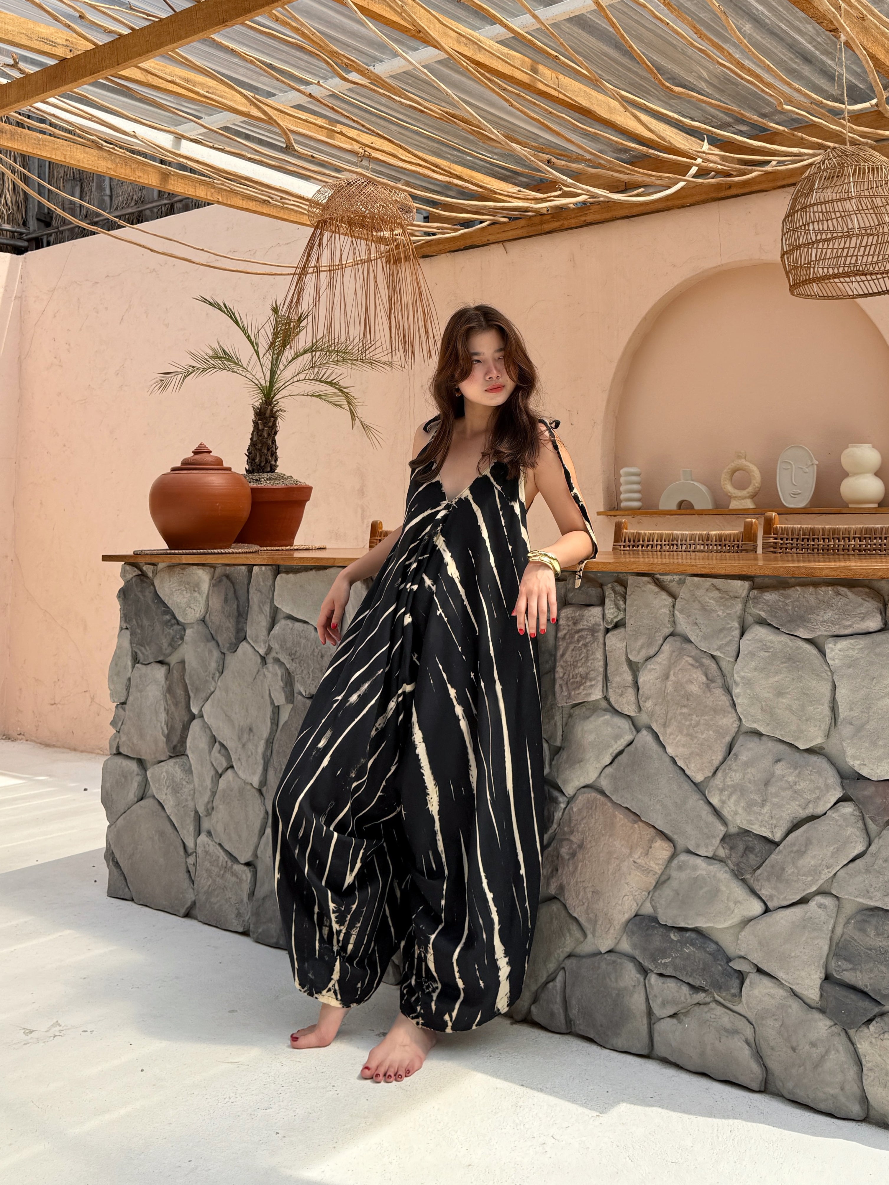 Thara Tie Dye Jumpsuit in black – Boho Yoga Jumpsuit with V-Neckline, Loose Fit, Oversized Style, Lightweight Cotton One-Piece for Festival, Lounge, and Resort Wear
