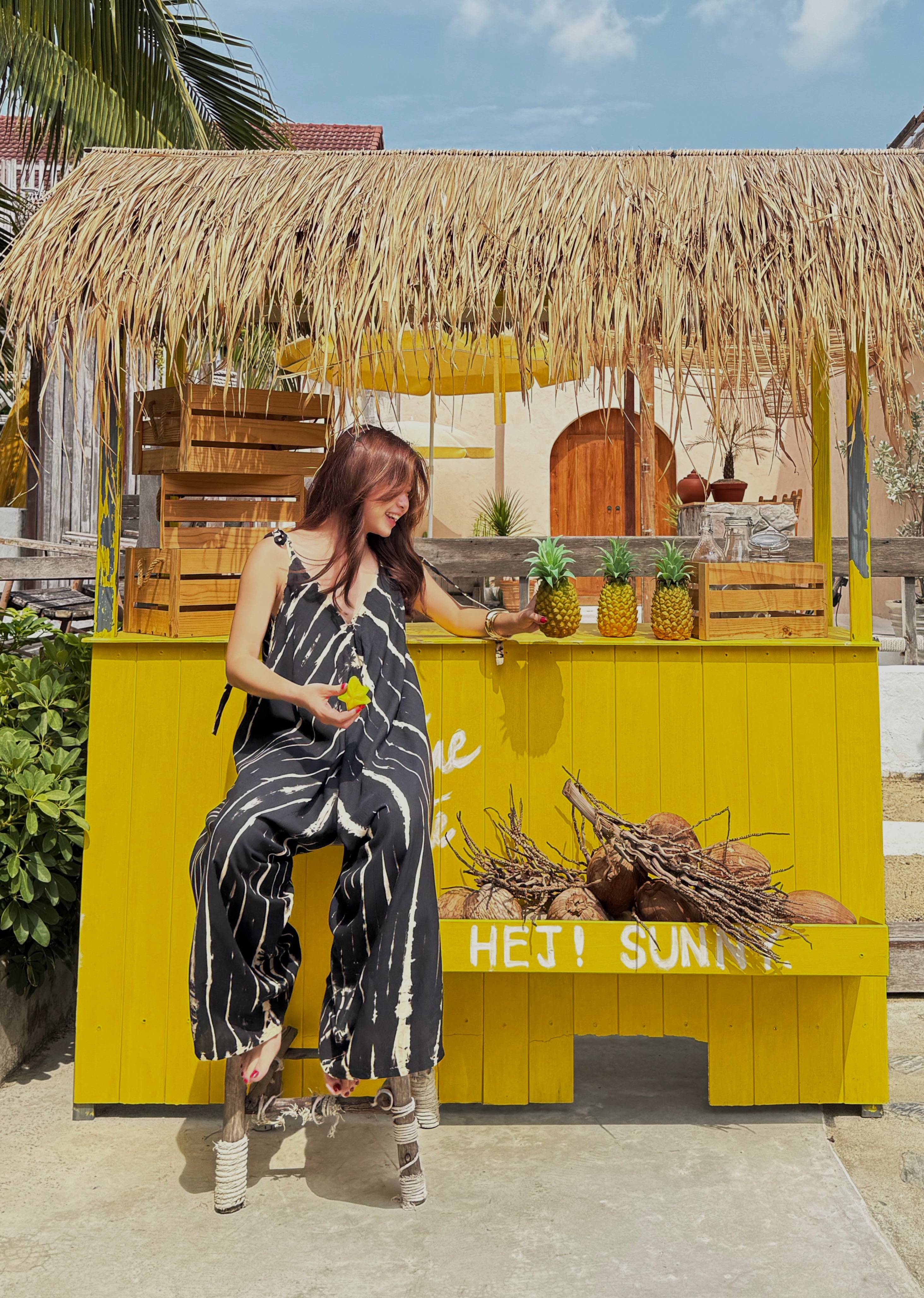 Thara Tie Dye Jumpsuit in black – Boho Yoga Jumpsuit with V-Neckline, Loose Fit, Oversized Style, Lightweight Cotton One-Piece for Festival, Lounge, and Resort Wear