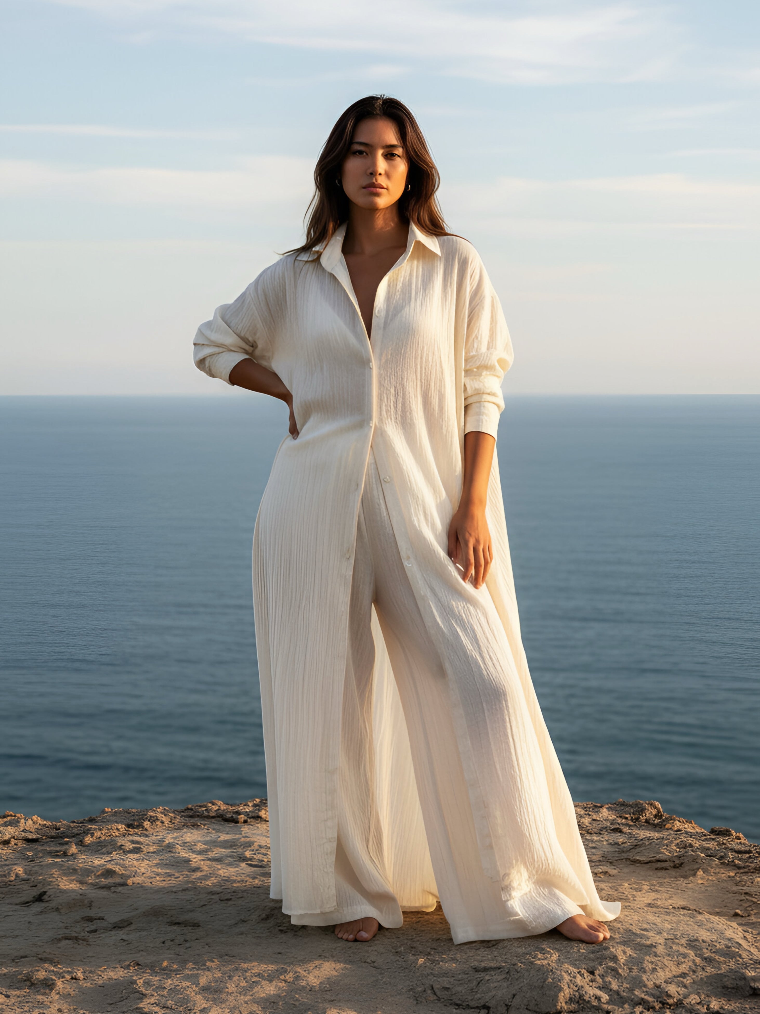 Woman in an Organic cotton shirt dress worn as a boho beach cover up, button down maxi dress in natural cotton, oversized style standing on a cliff overlooking the ocean.