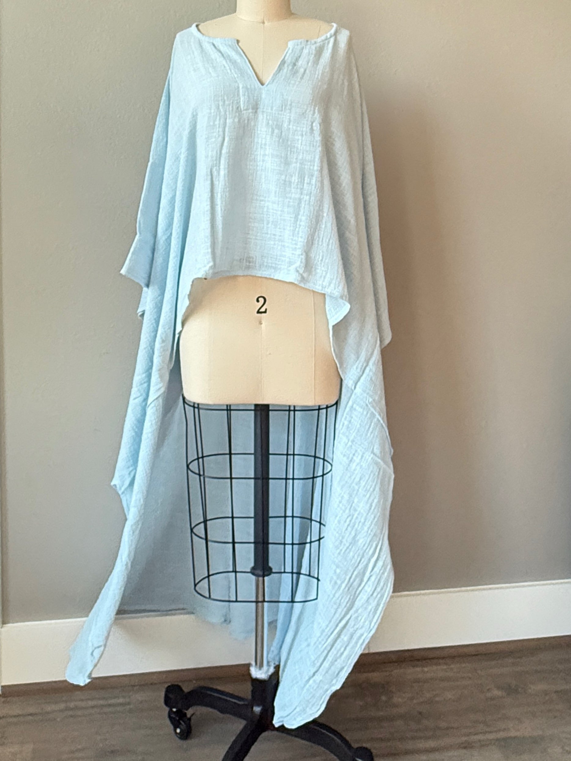 AMARA cotton linen kaftan top light blue worn as beach coverup relaxed fit COCO DE CHOM