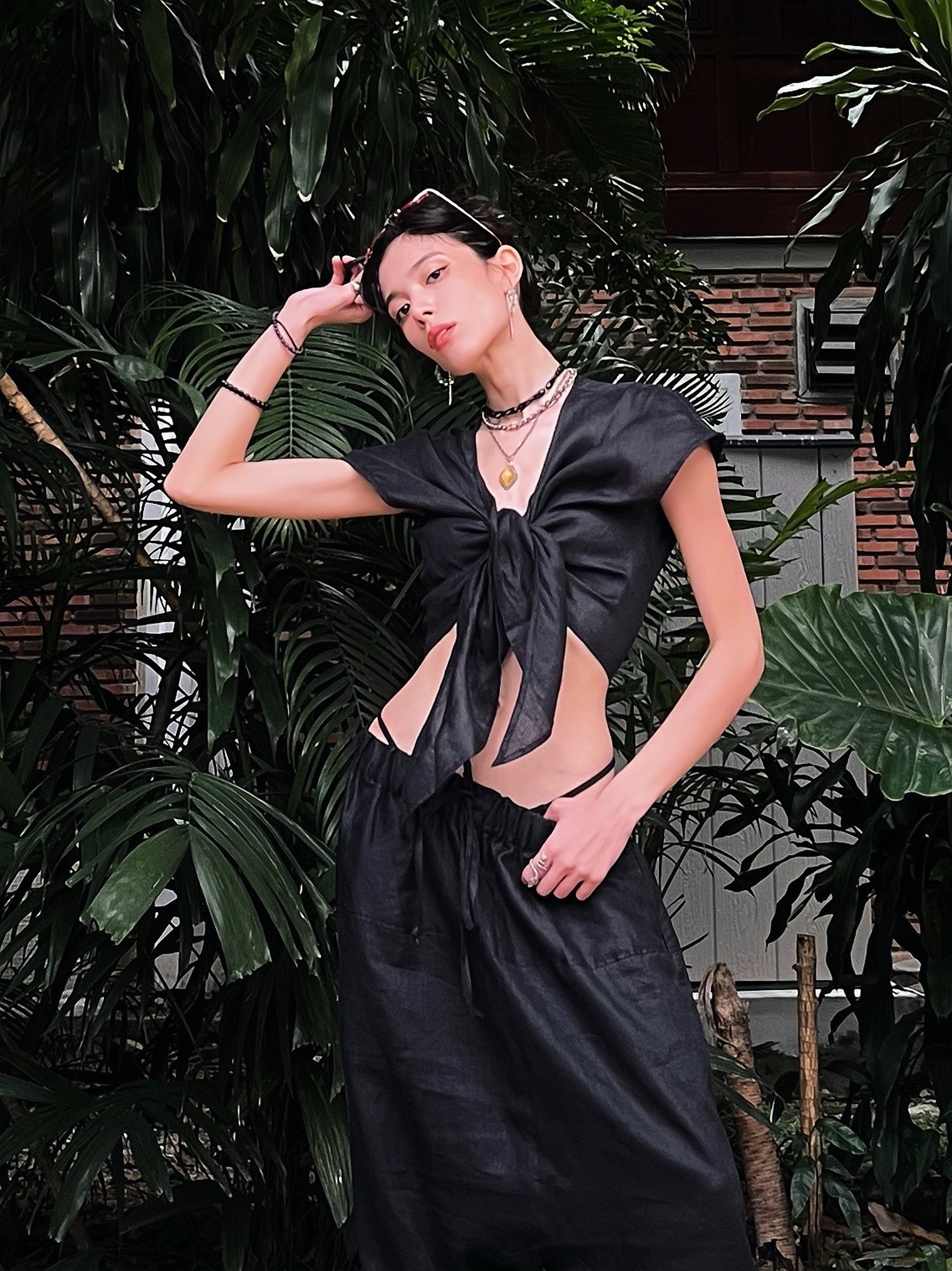 Norah Linen Harem Crop Top- Black