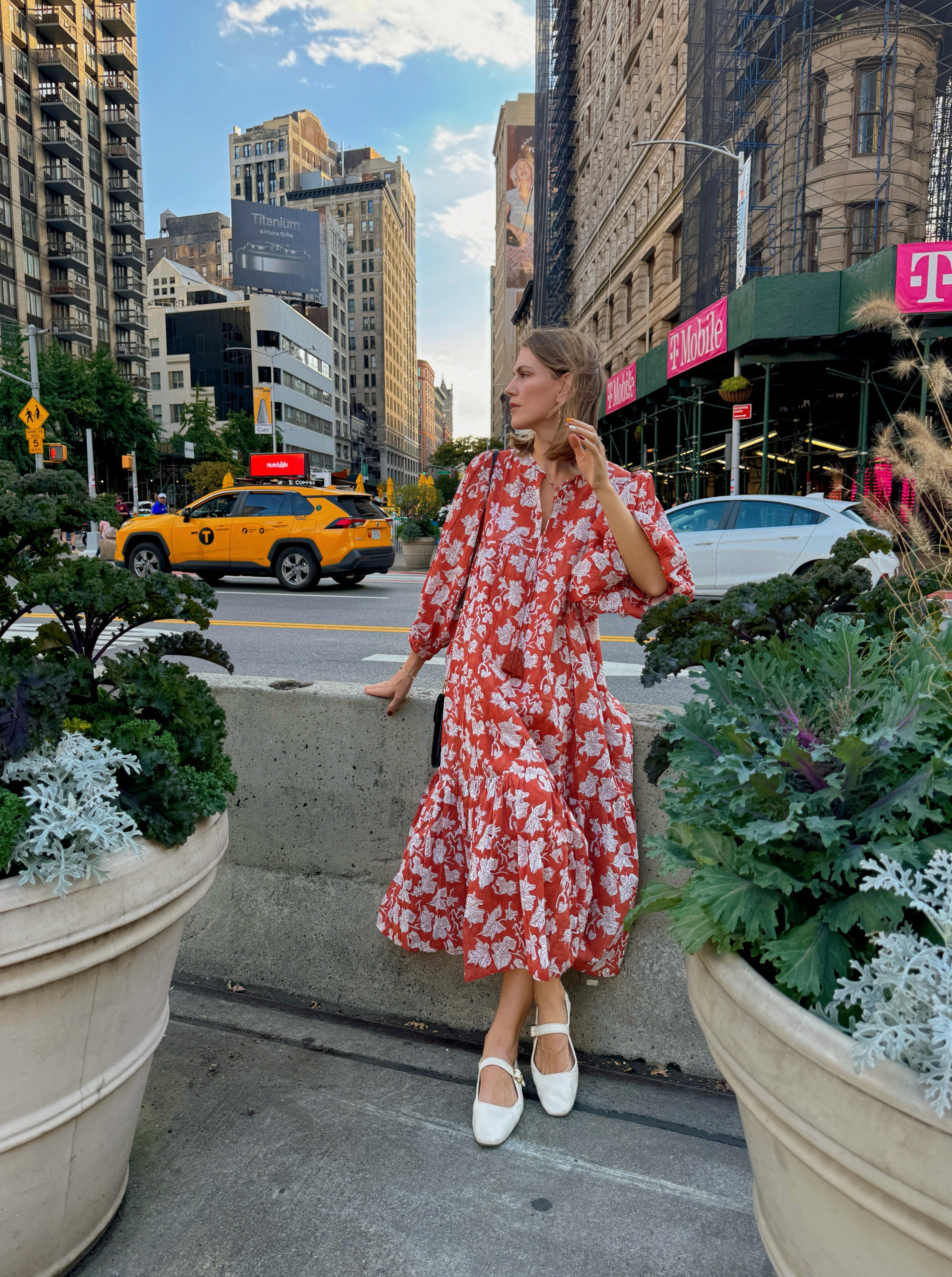 Lola boho cotton maxi dress - Cotton florals maxi dressa truly exceptional handmade creation. Lola exudes a bohemian vibe with a touch of street style, featuring a dreamy block printed pattern inspired by the bougainvillea flower and the essence of a vacation.
