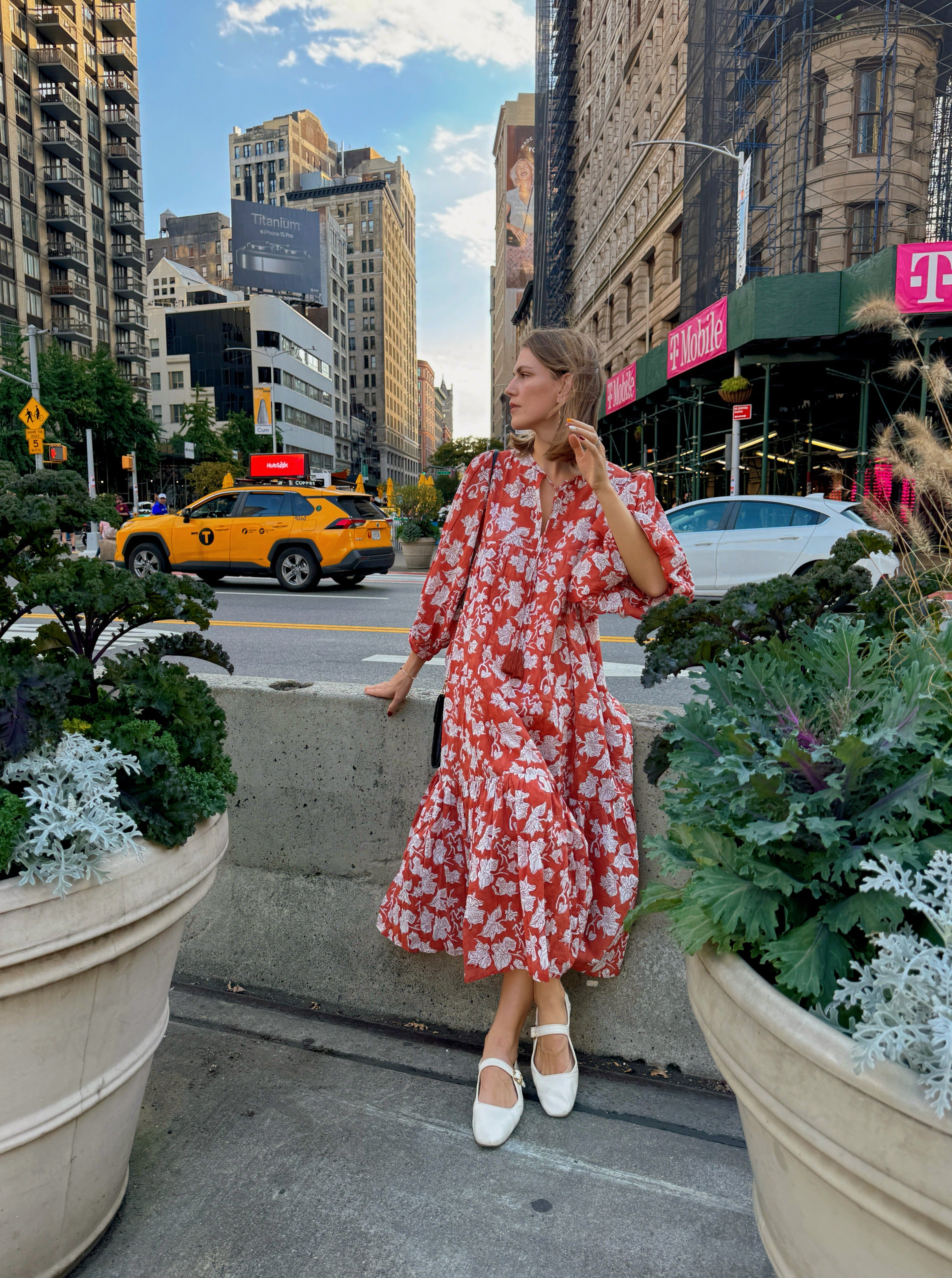 Lola boho cotton maxi dress - Cotton florals maxi dressa truly exceptional handmade creation. Lola exudes a bohemian vibe with a touch of street style, featuring a dreamy block printed pattern inspired by the bougainvillea flower and the essence of a vacation. 