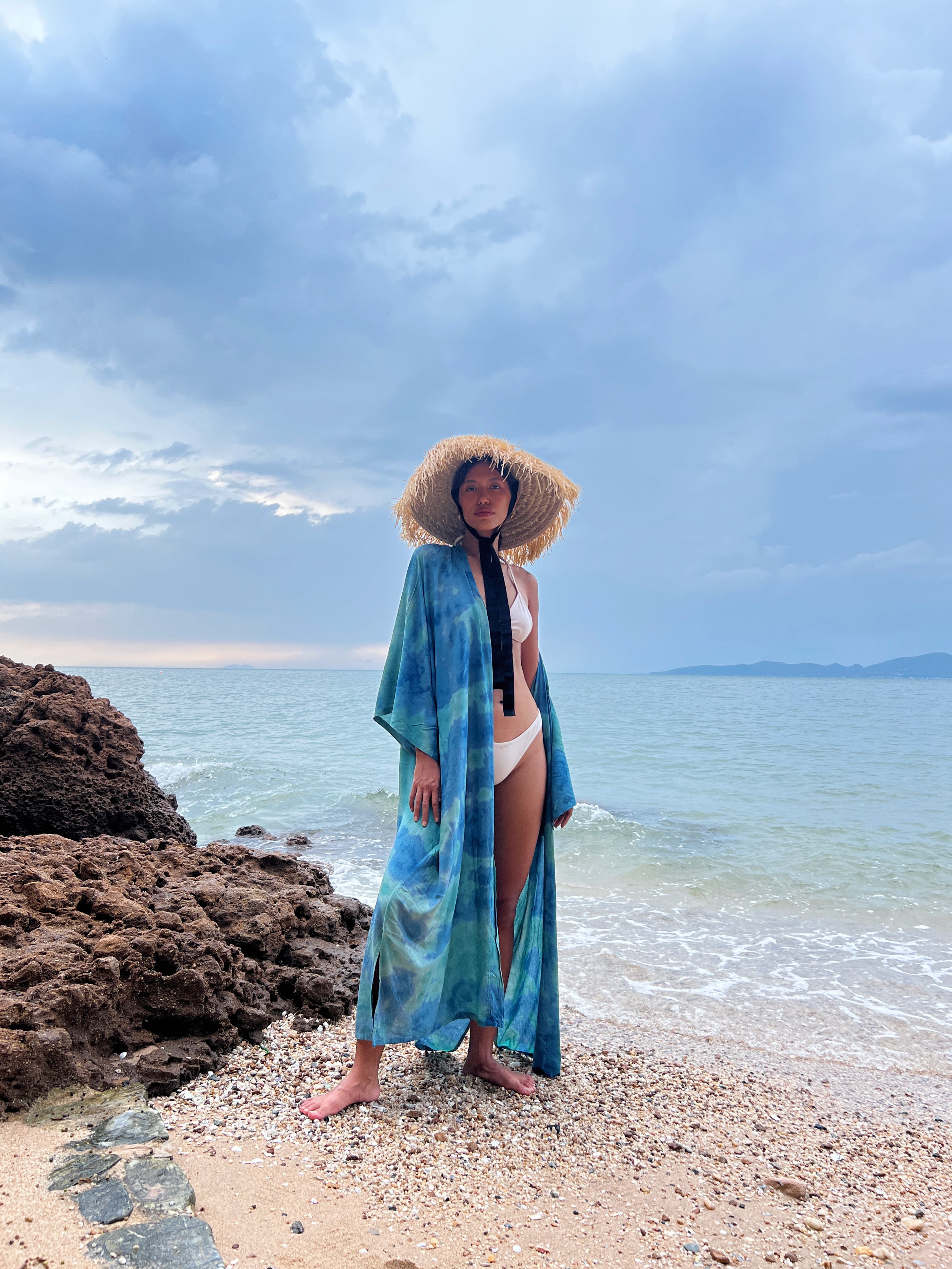 Shop Oversized Unisex Tie dye kimono robe in blue, boho beach coverup, perfect for vacation or everyday wear, this product is handmade with love by Coco de Chom.