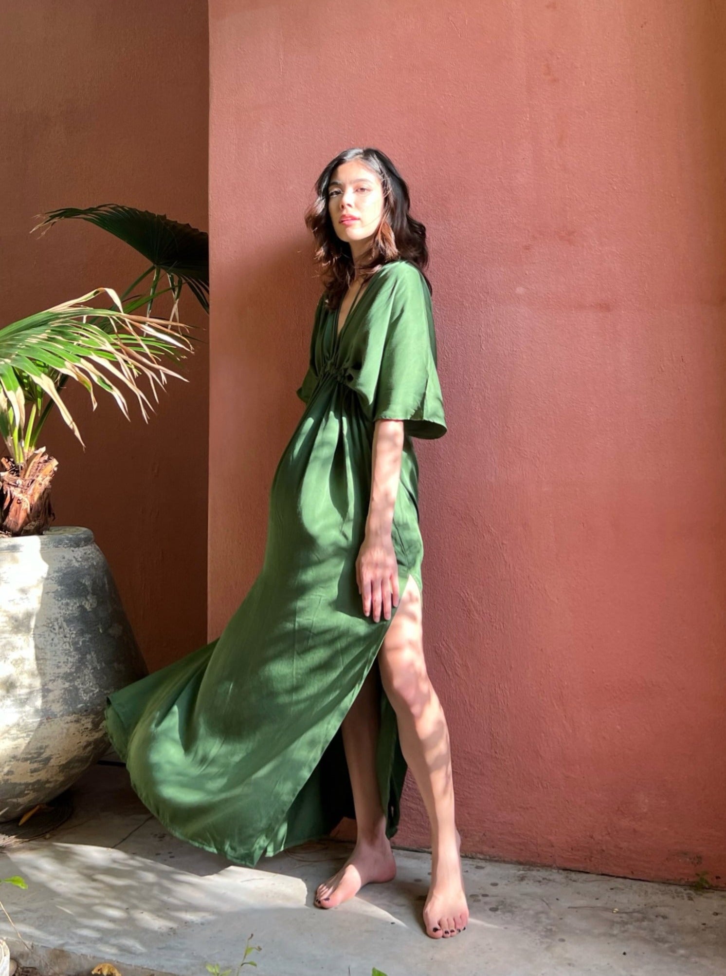 Dress in limitless comfort and elegance with our Goddess Kaftan Maxi Dress. With a flowy skirt and a V neck, this modal maxi dress is the perfect vacation wear.