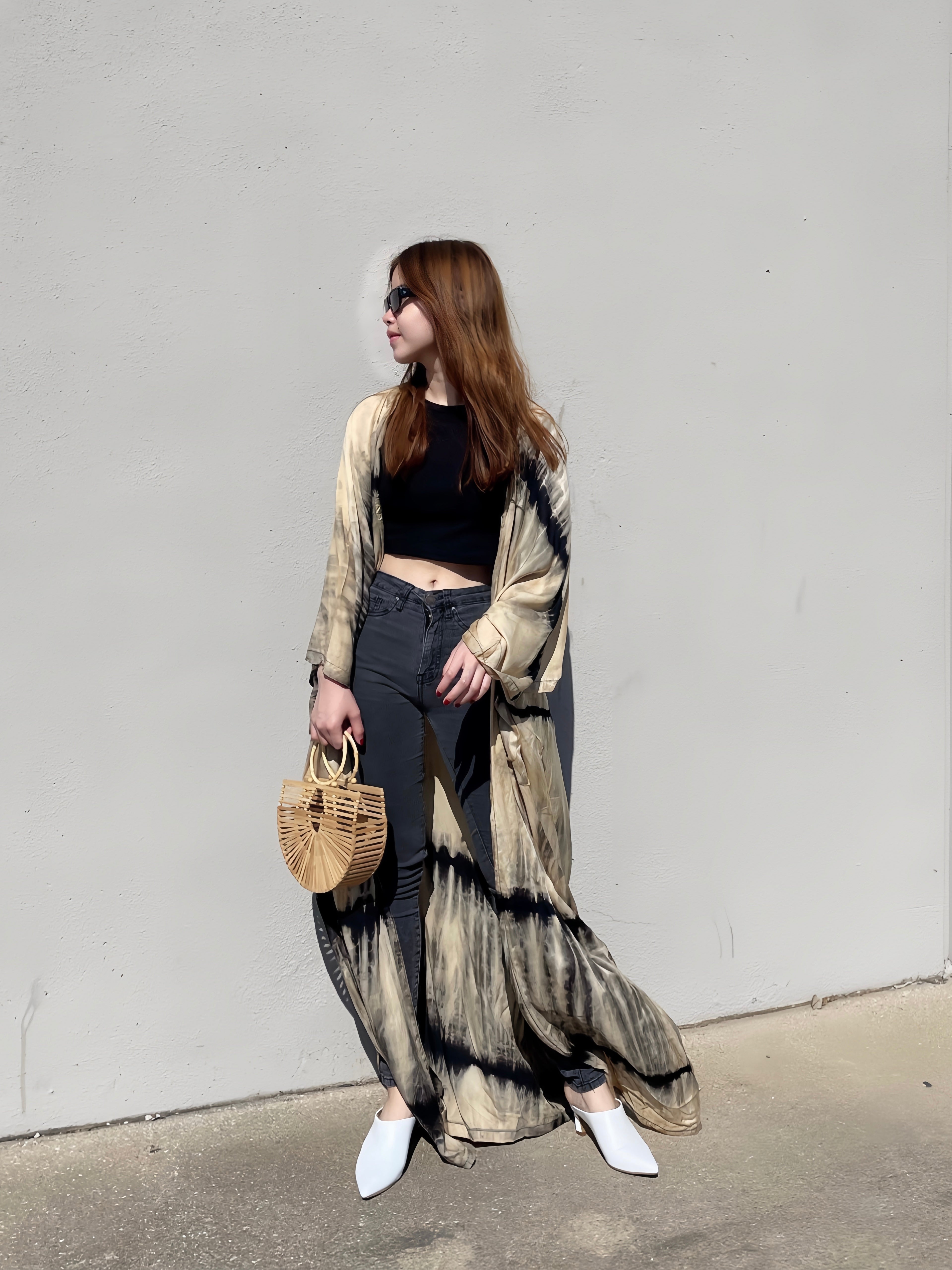 Swan Tie Dye Kimono Robe - Beige/Black