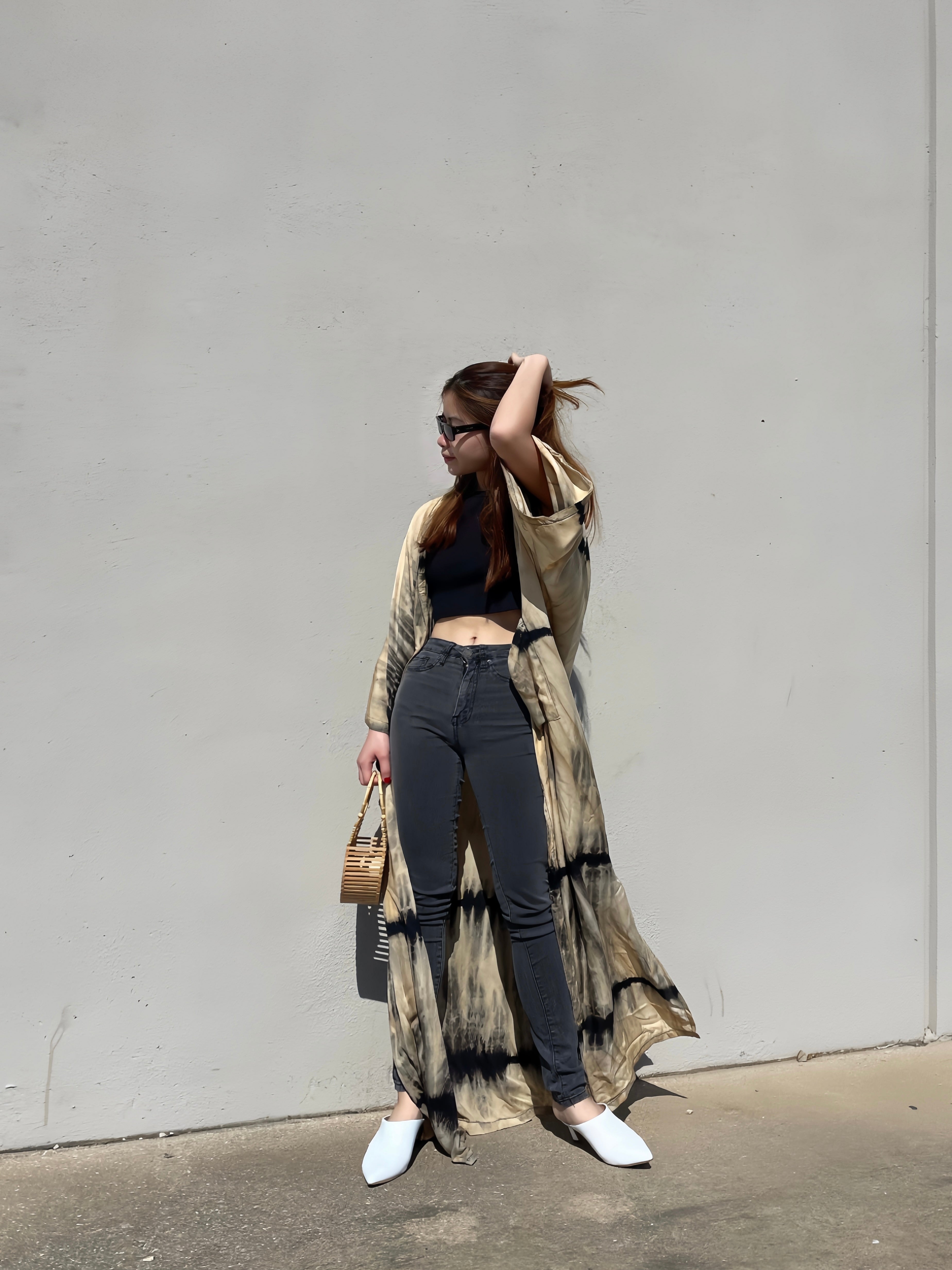 Swan Tie Dye Kimono Robe - Beige/Black