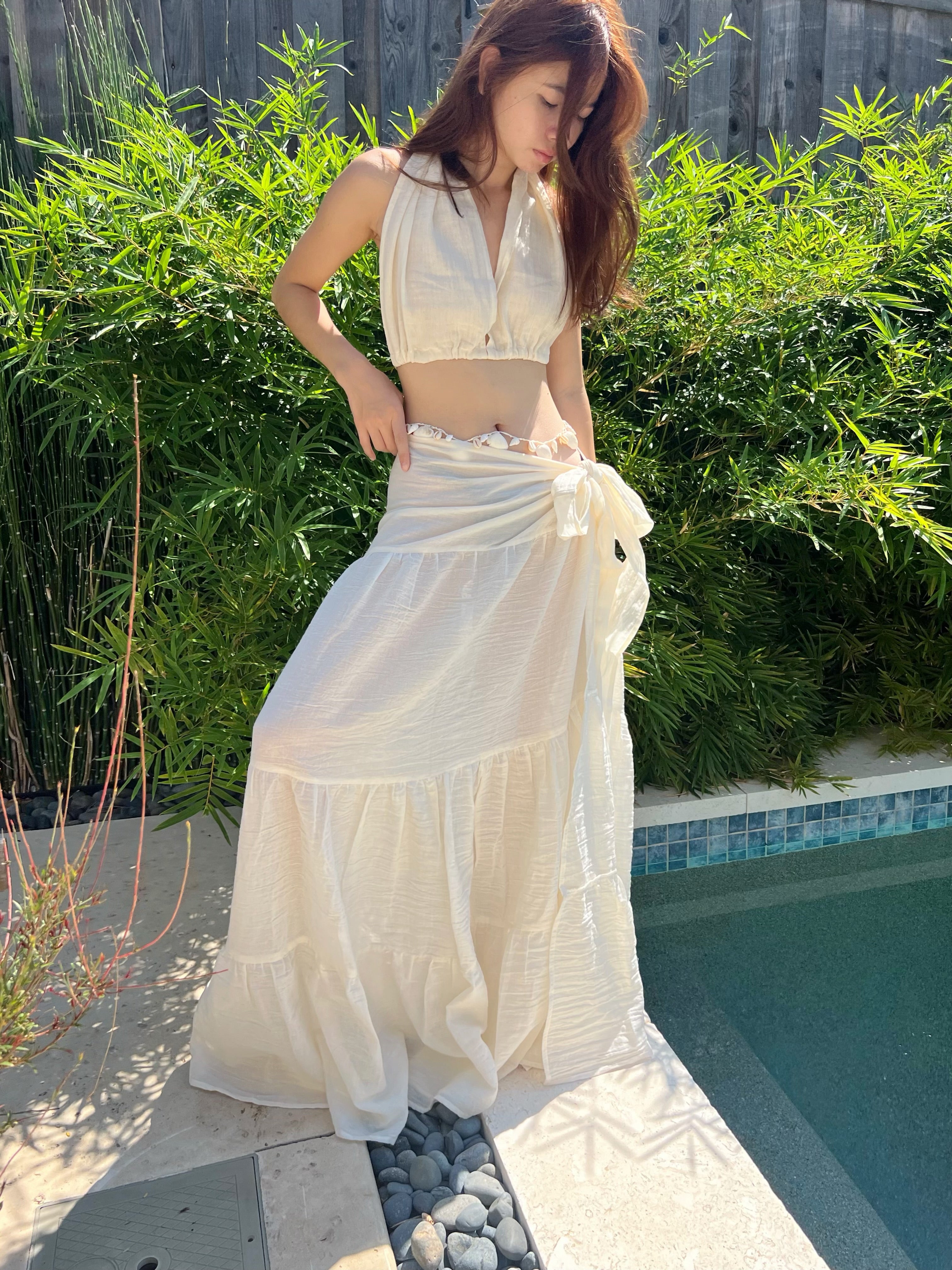 Shop organic cotton wrap maxi skirt with coco de chom- all handmade with love, eco-friendly, beachy, boho vibe for everyday vacation
