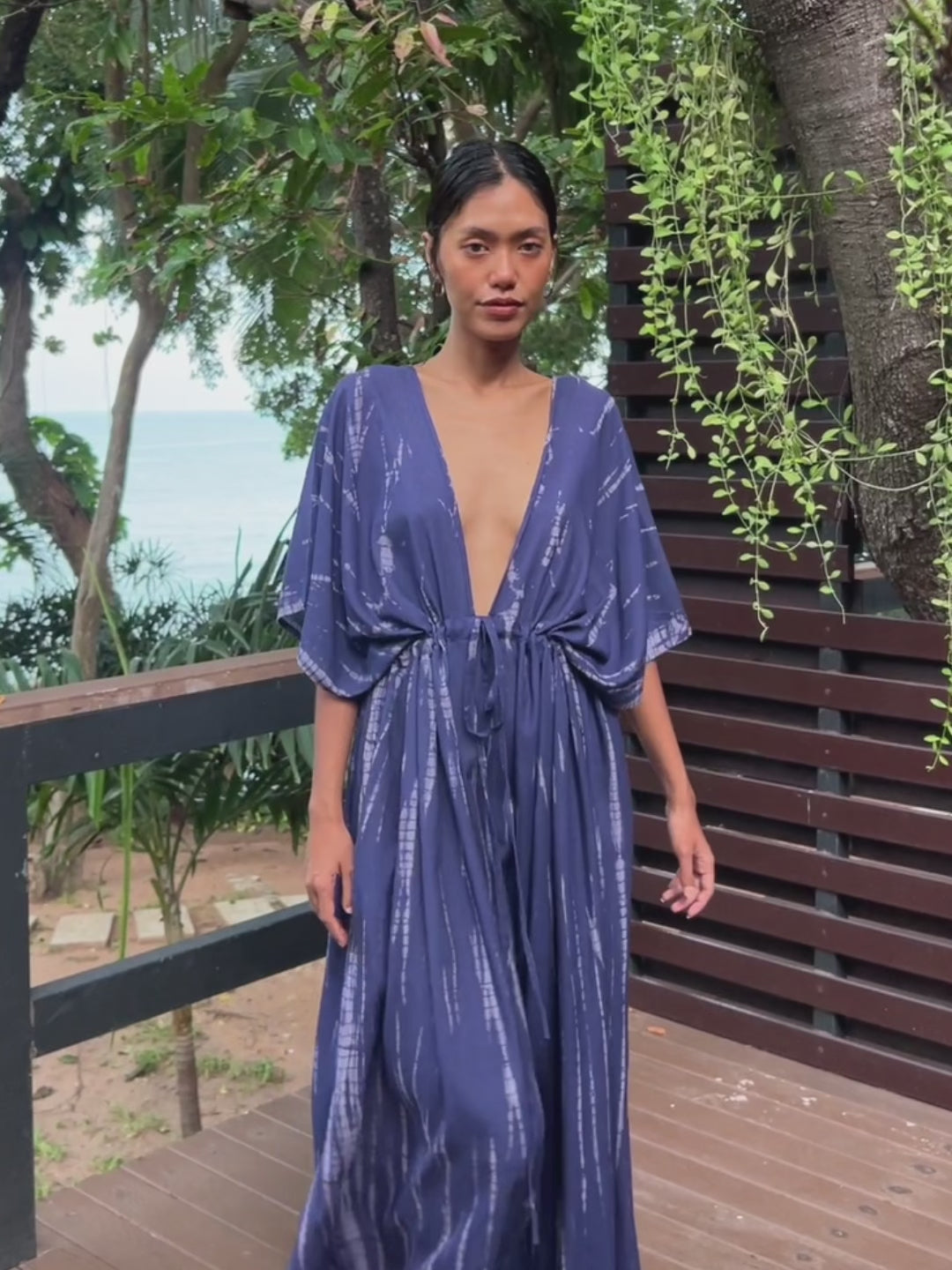 Switch to vacay mode with our Goddess Tie Dye Kaftan Maxi Dress, Long kaftan in blue, perfect for resort wear for your next vacation with Coco de Chom