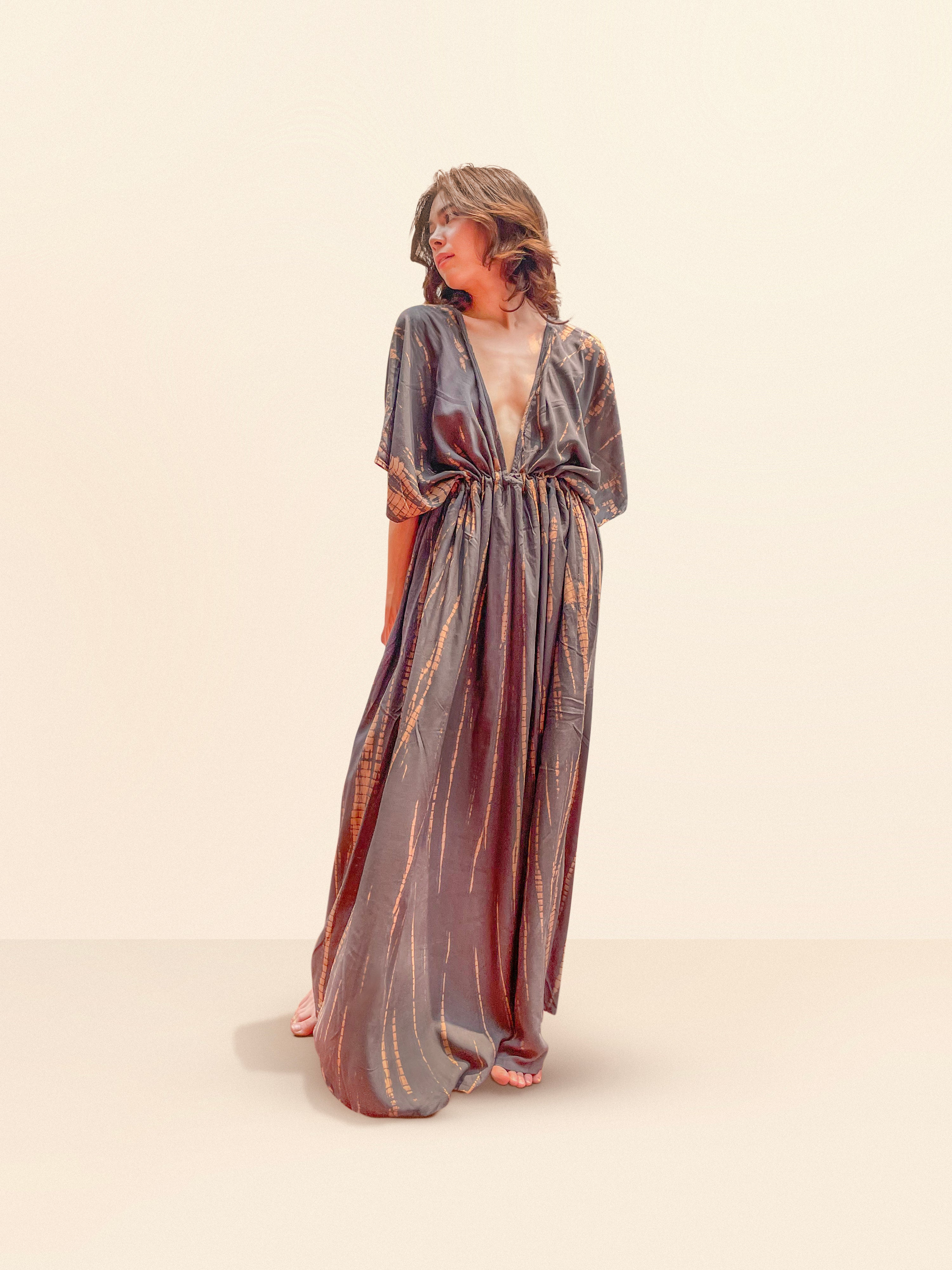 Goddess Tie Dye Kaftan Maxi Dress - Dark Gray