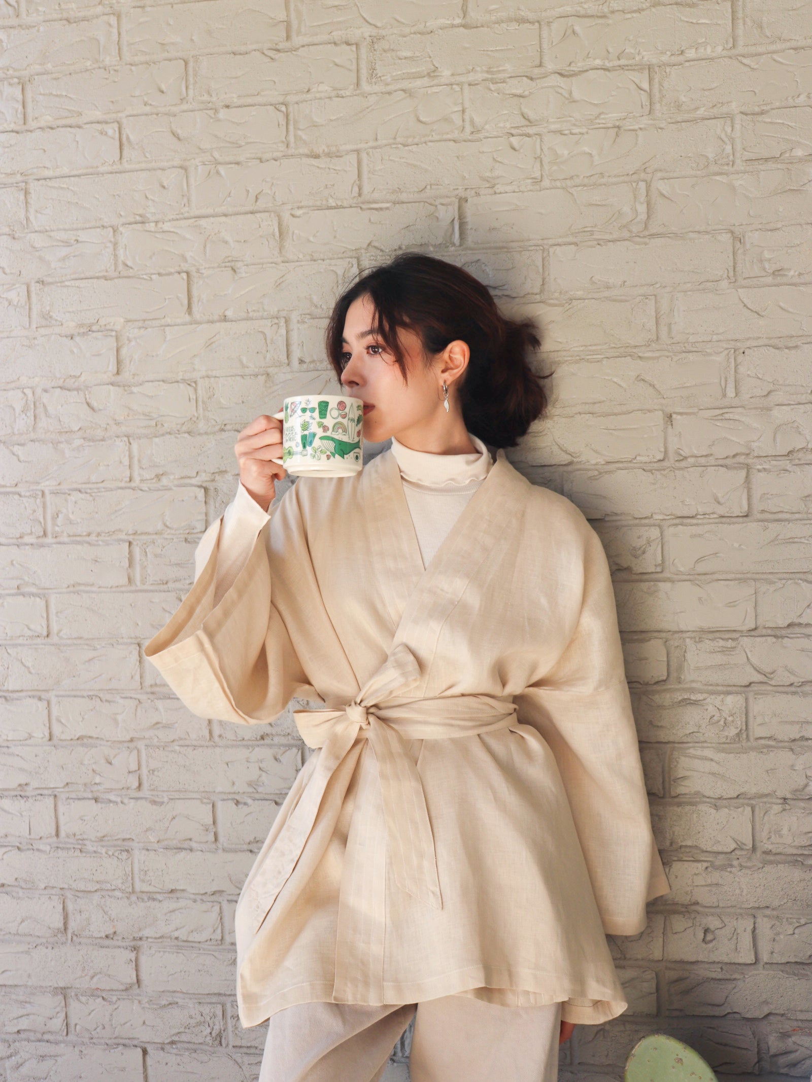 Kira Kimono Linen Wrap Jacket - Cream
