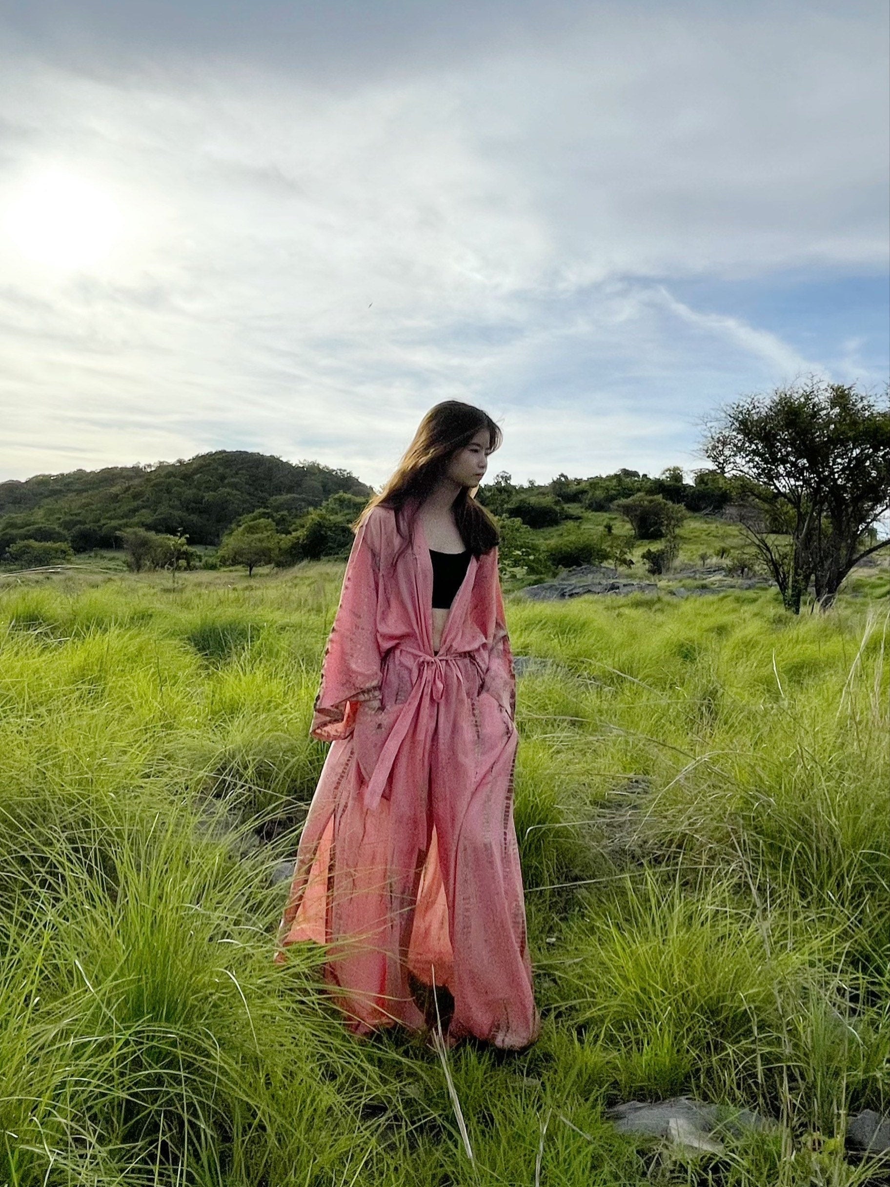 Swan Kimono Robe - Peach Pink