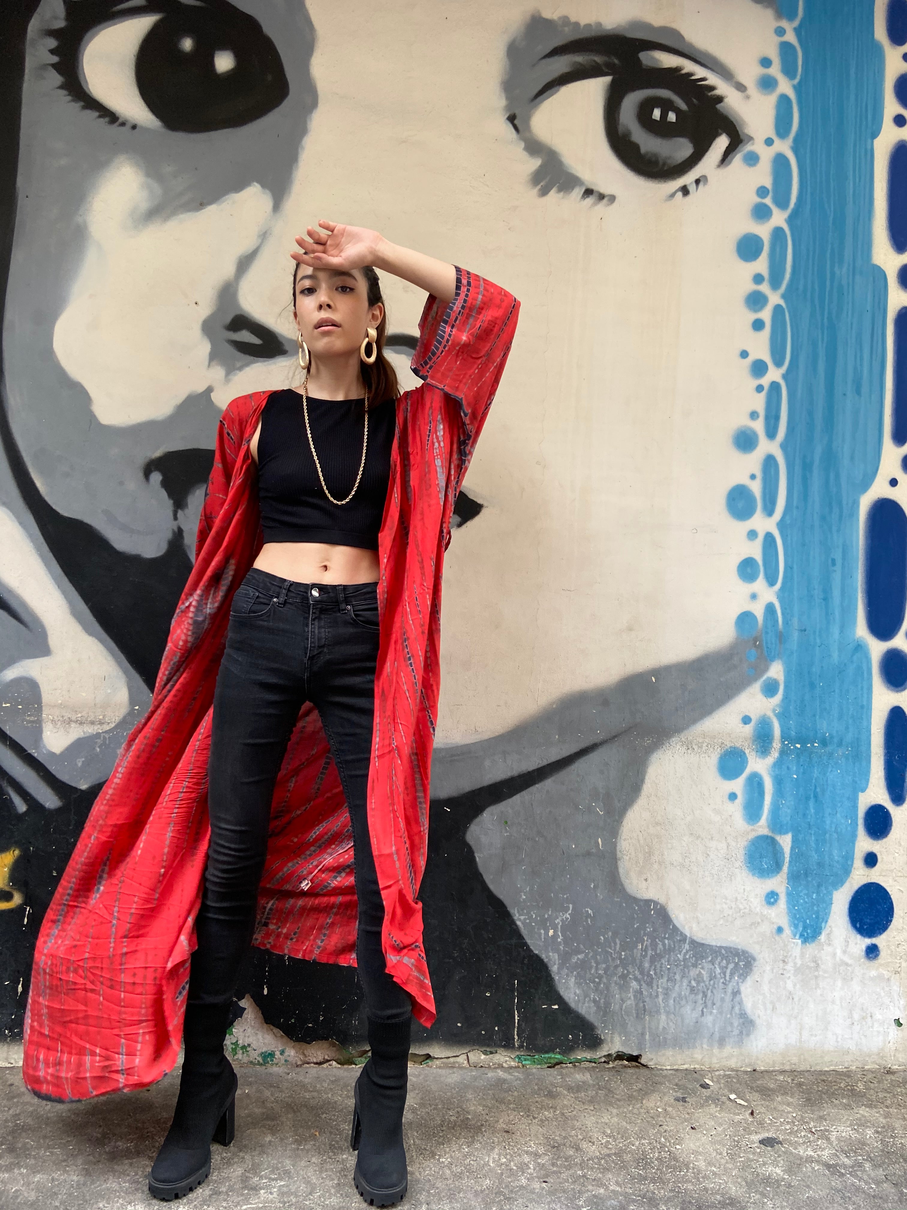 Shop red tie dye long kimono robe | boho oversized kimono robee| red beach coverup perfect for boho outfits, summer beach coverup - all sustainable and lovingly handmade by Coco de Chom