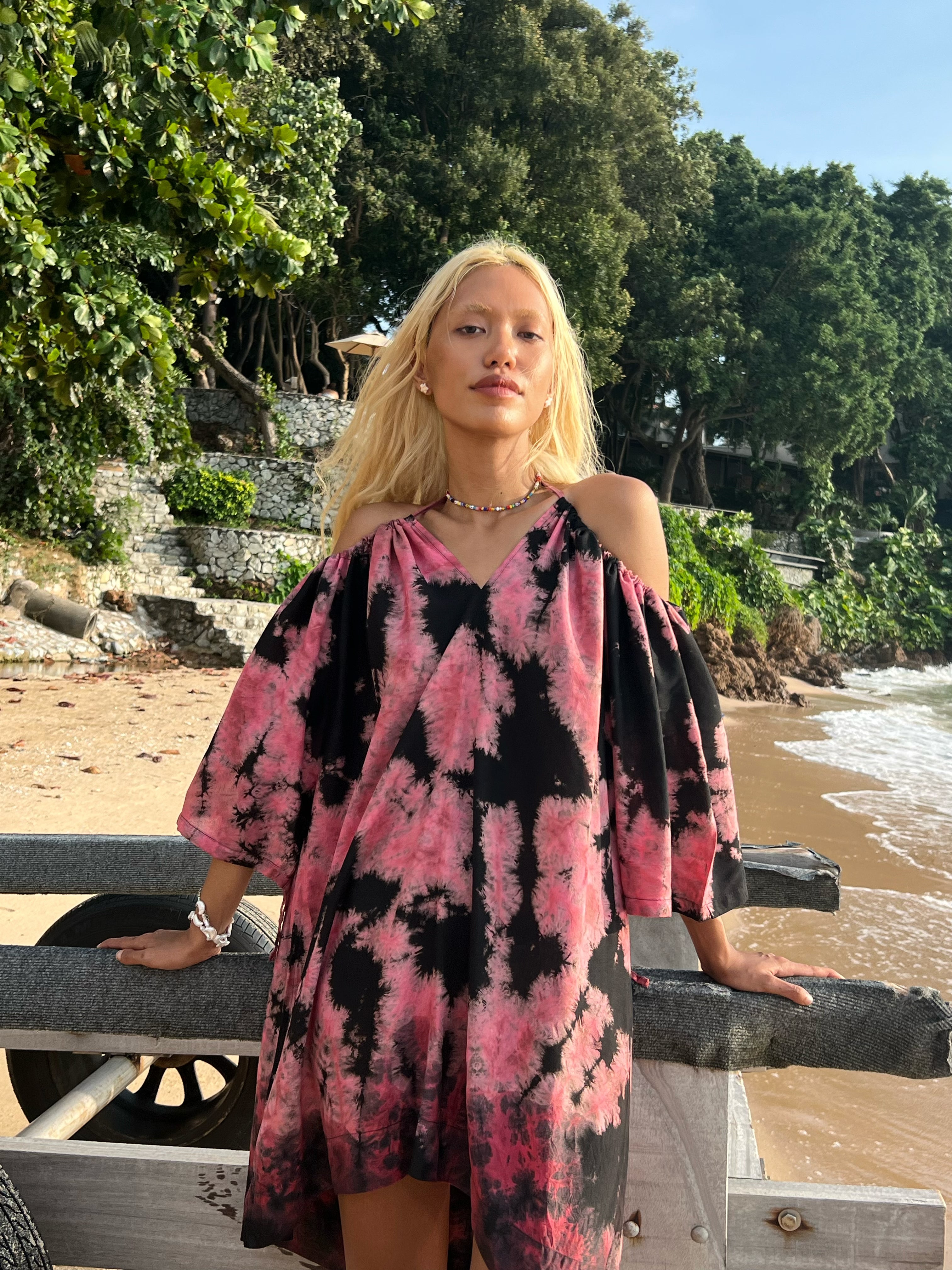 Luna Tie Dye Mini Dress - Black/Pink
