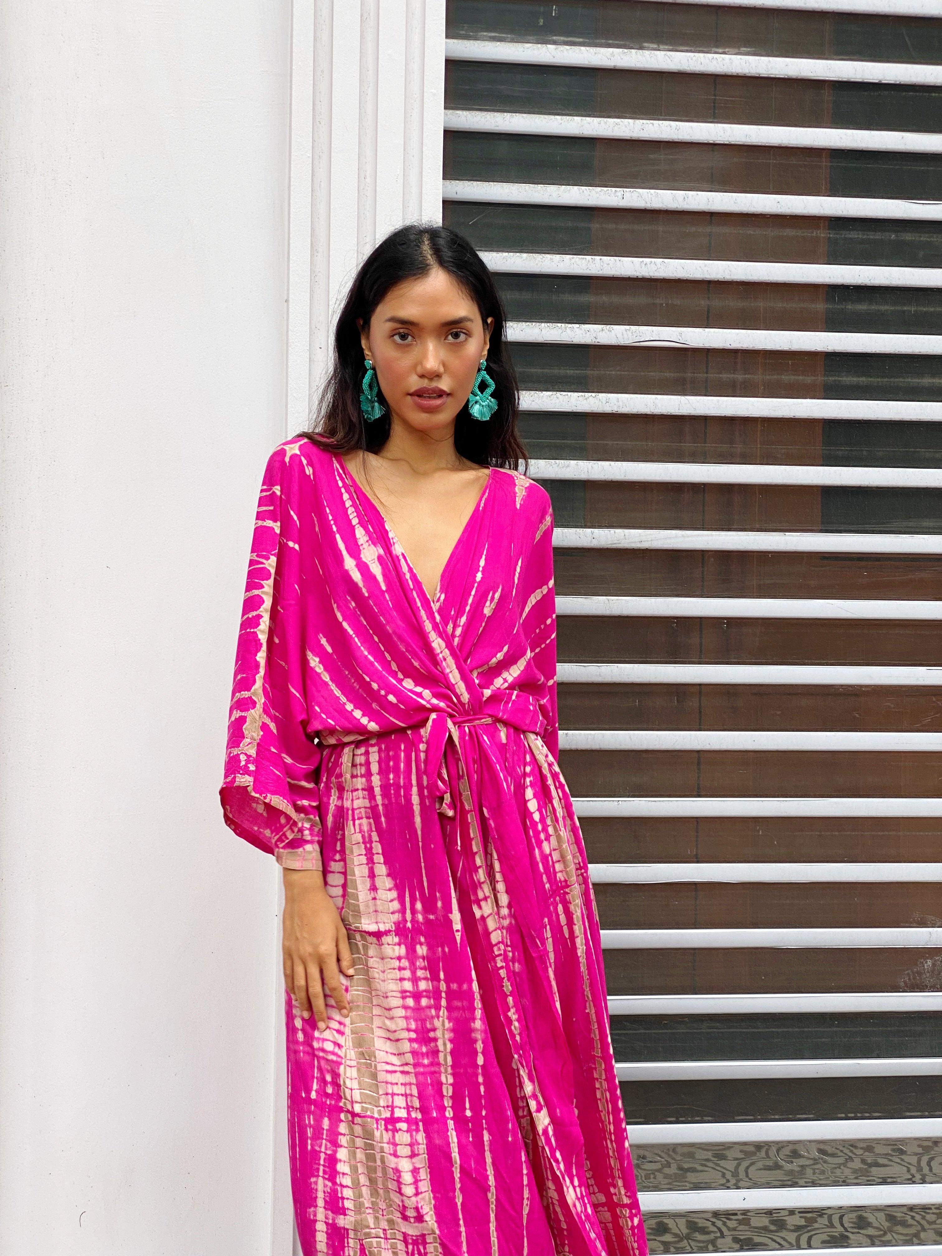 Manee Tie Dye Kimono Robe - Fuchsia