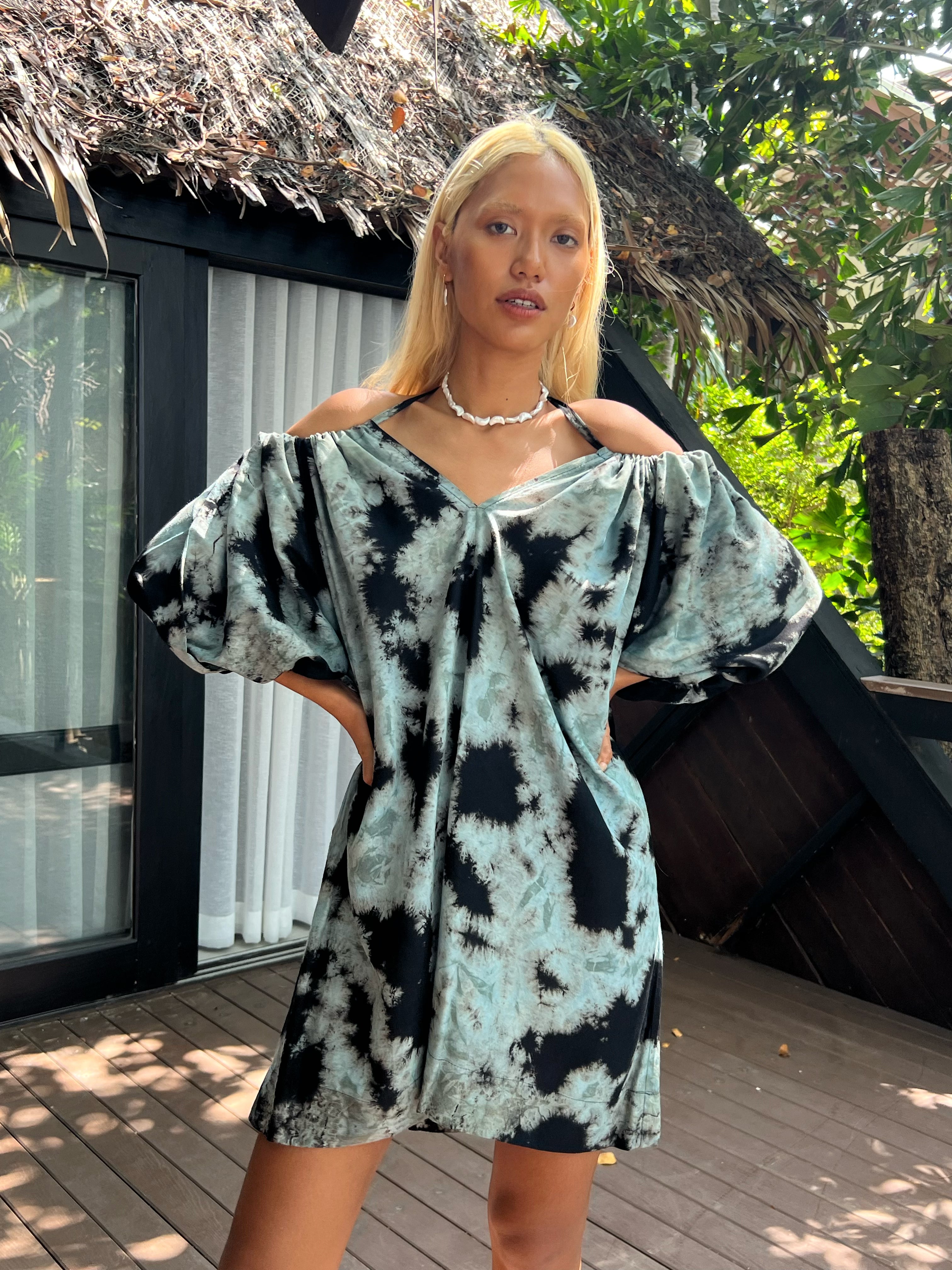 Luna Tie Dye Mini Dress - Black/Teal