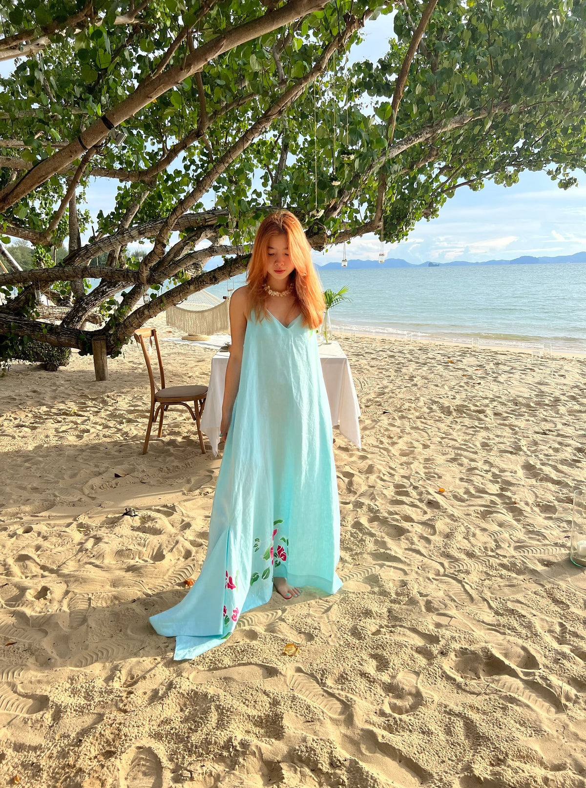 Bougainvillea Linen Maxi dress - Turquoise