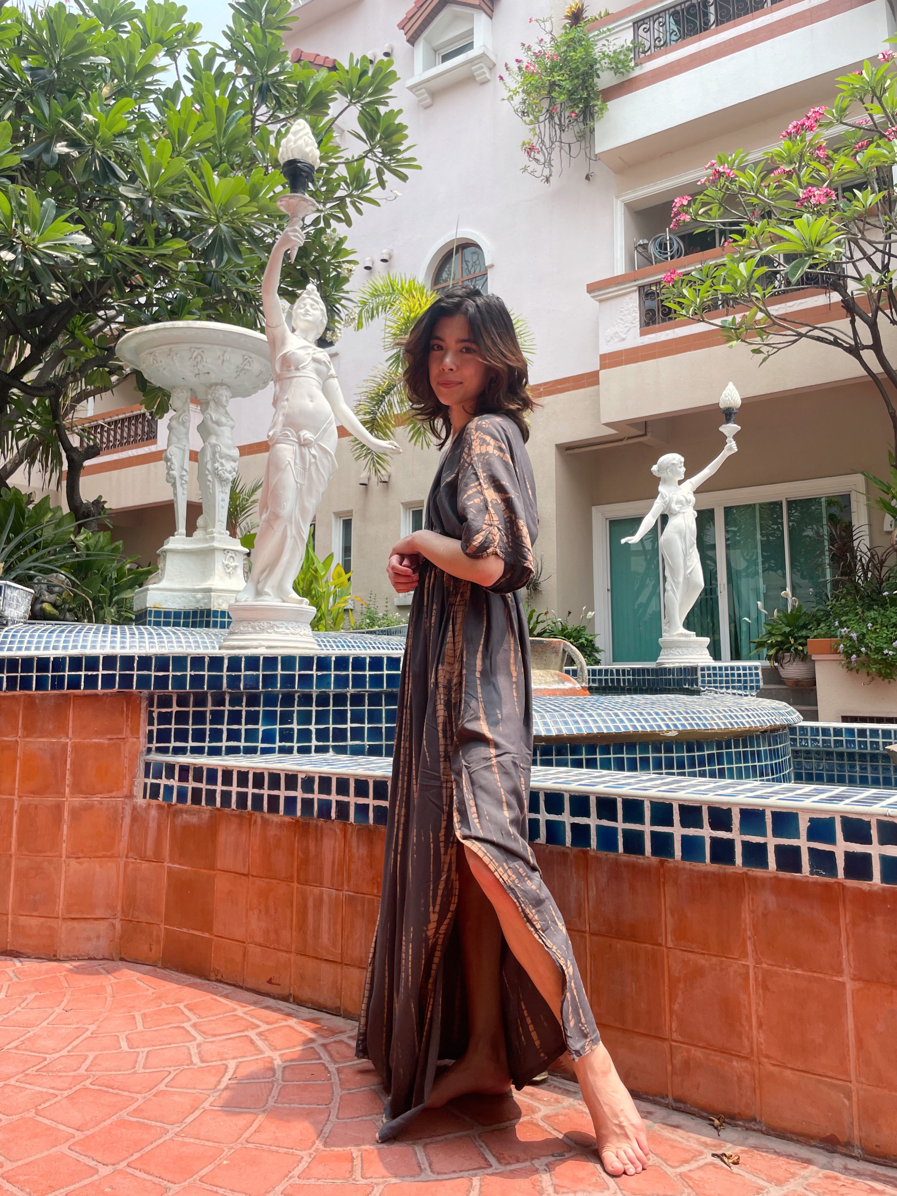 Goddess Tie Dye Kaftan Maxi Dress - Dark Gray