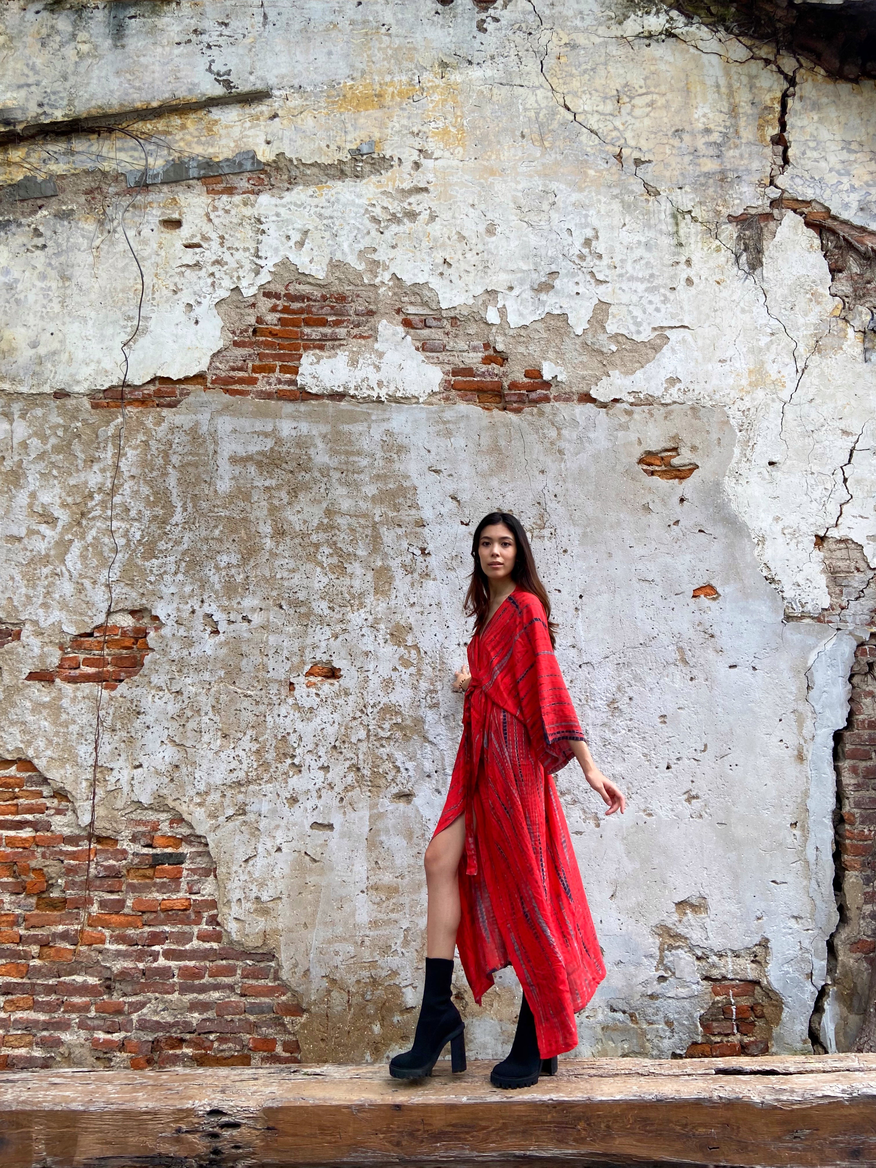 Shop red tie dye long kimono robe | boho oversized kimono robee| red beach coverup perfect for boho outfits, summer beach coverup - all sustainable and lovingly handmade by Coco de Chom